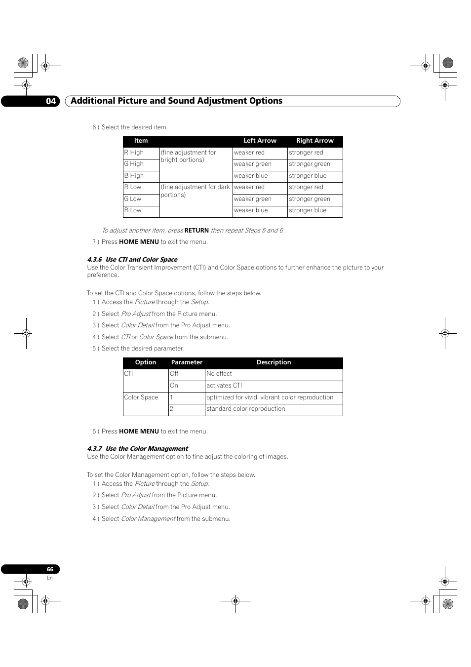 04 additional picture and sound adjustment options | Pioneer Elite KURO PRO 151FD User Manual | Page 66 / 167