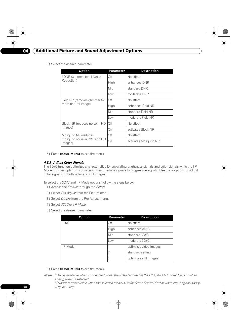 9 adjust color signals, 04 additional picture and sound adjustment options | Pioneer Elite KURO PRO 151FD User Manual | Page 68 / 167