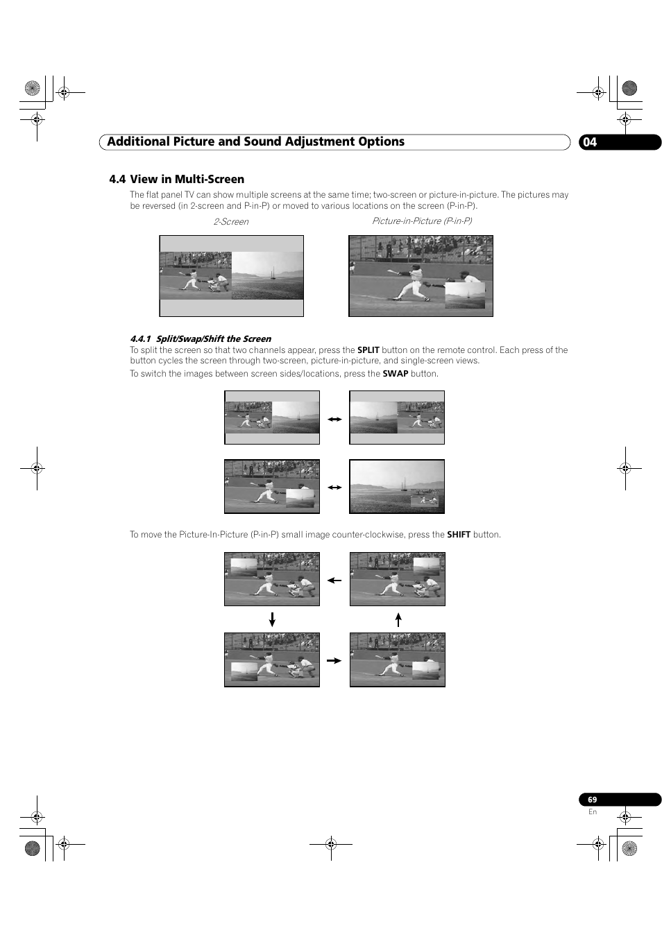 4 view in multi-screen, 1 split/swap/shift the screen, 04 additional picture and sound adjustment options | Pioneer Elite KURO PRO 151FD User Manual | Page 69 / 167