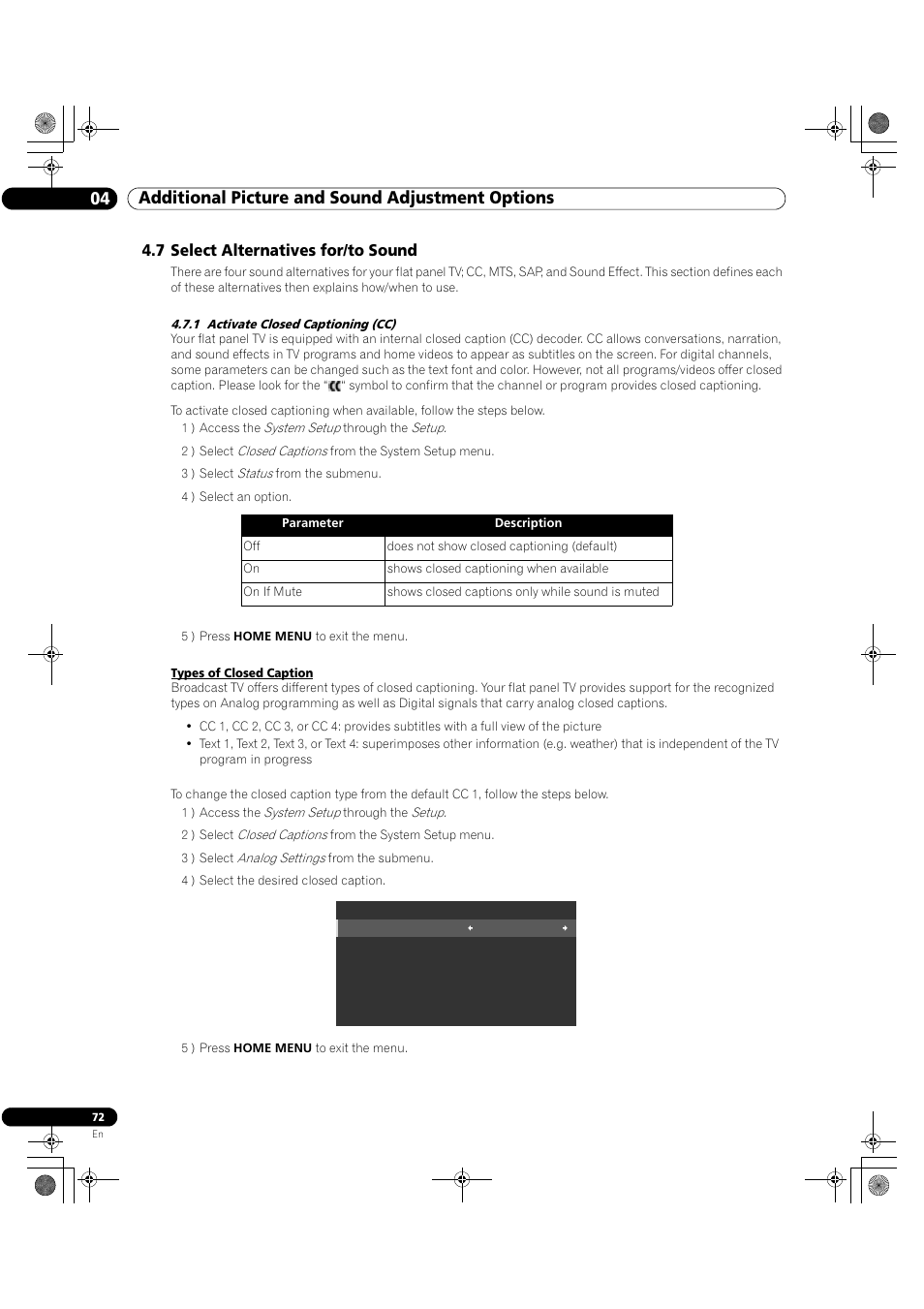 7 select alternatives for/to sound, 1 activate closed captioning (cc), 04 additional picture and sound adjustment options | Pioneer Elite KURO PRO 151FD User Manual | Page 72 / 167