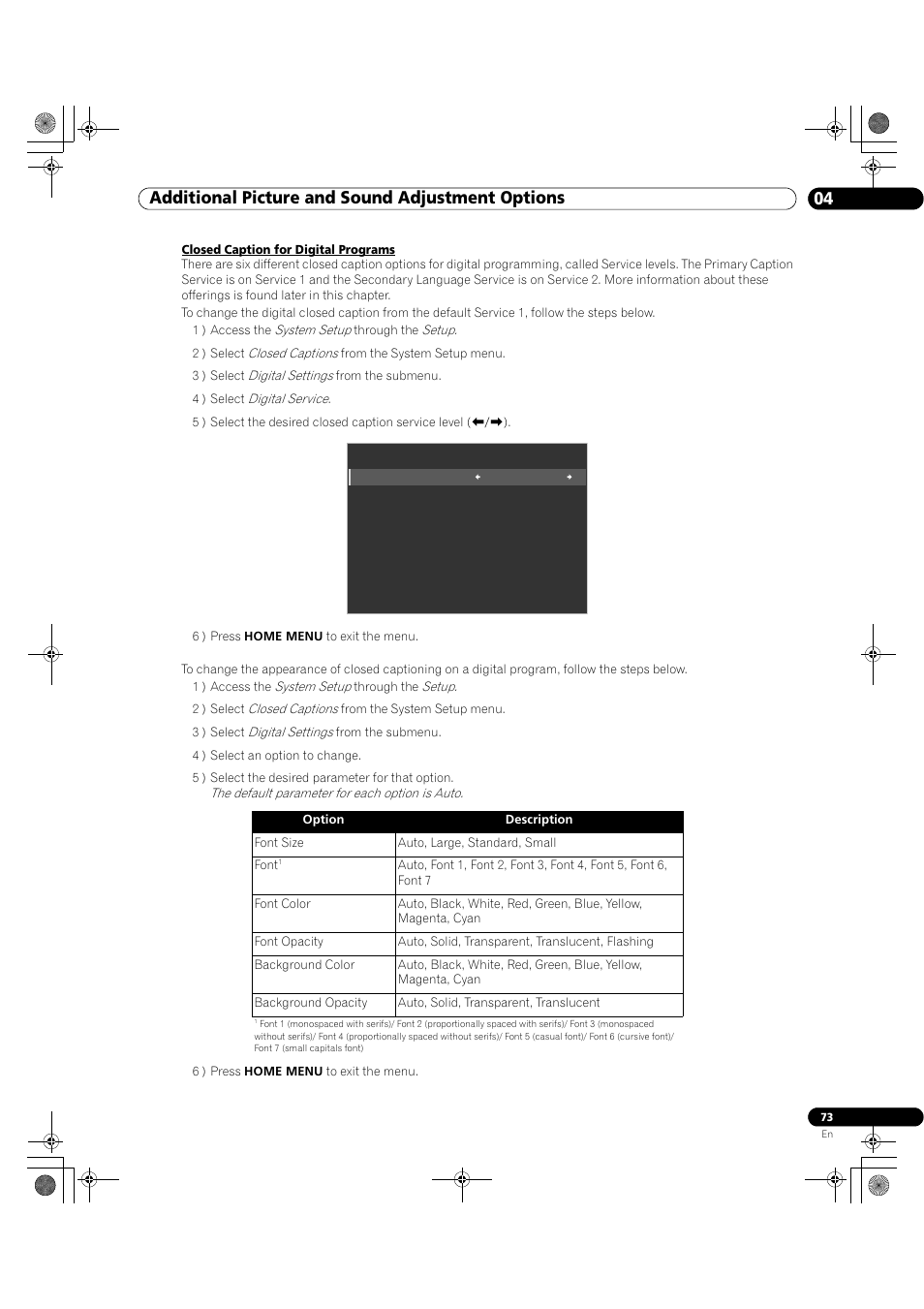 04 additional picture and sound adjustment options | Pioneer Elite KURO PRO 151FD User Manual | Page 73 / 167
