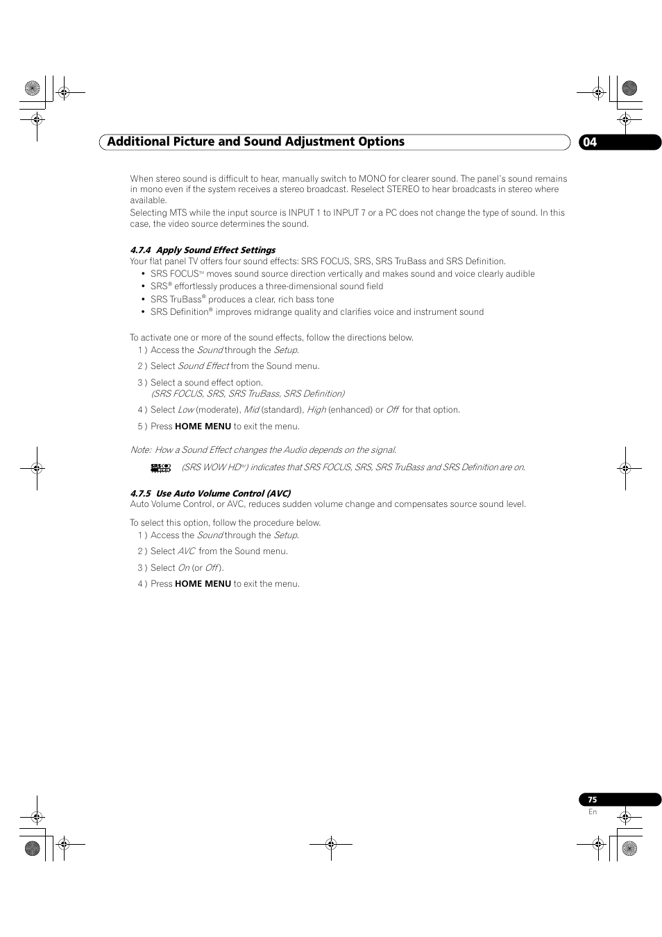 04 additional picture and sound adjustment options | Pioneer Elite KURO PRO 151FD User Manual | Page 75 / 167