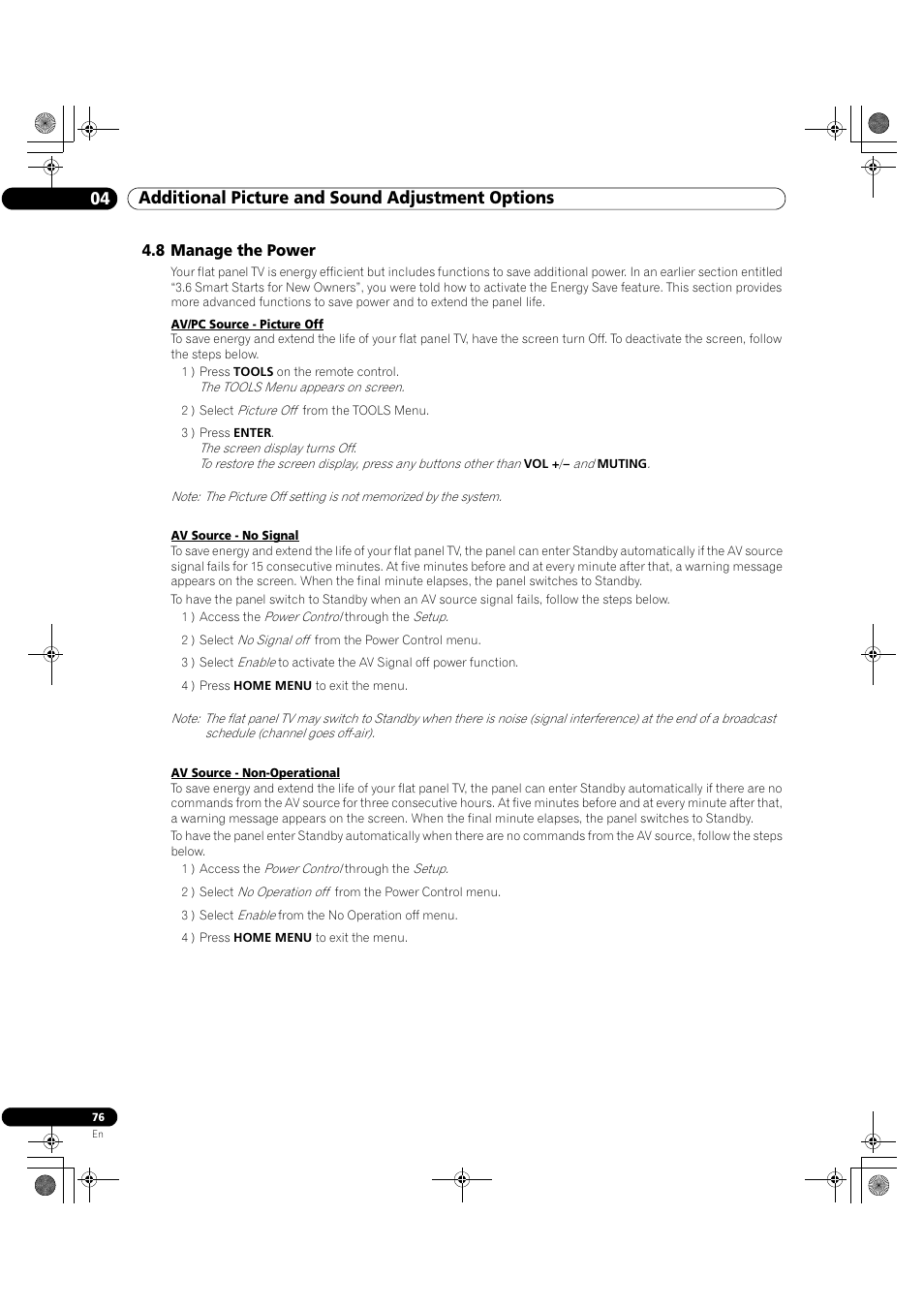 8 manage the power, 04 additional picture and sound adjustment options | Pioneer Elite KURO PRO 151FD User Manual | Page 76 / 167