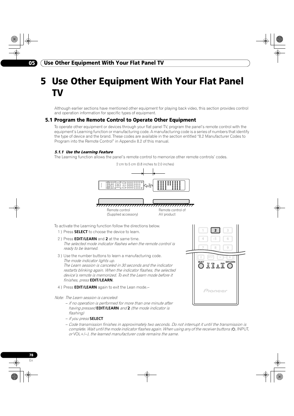 5 use other equipment with your flat panel tv, 1 use the learning feature, 05 use other equipment with your flat panel tv | Pioneer Elite KURO PRO 151FD User Manual | Page 78 / 167