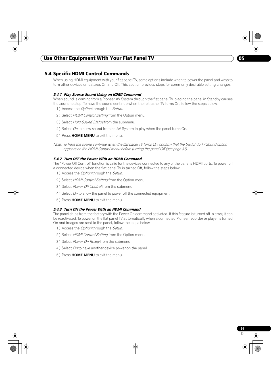 4 specific hdmi control commands, 1 play source sound using an hdmi command, Use other equipment with your flat panel tv 05 | Pioneer Elite KURO PRO 151FD User Manual | Page 91 / 167