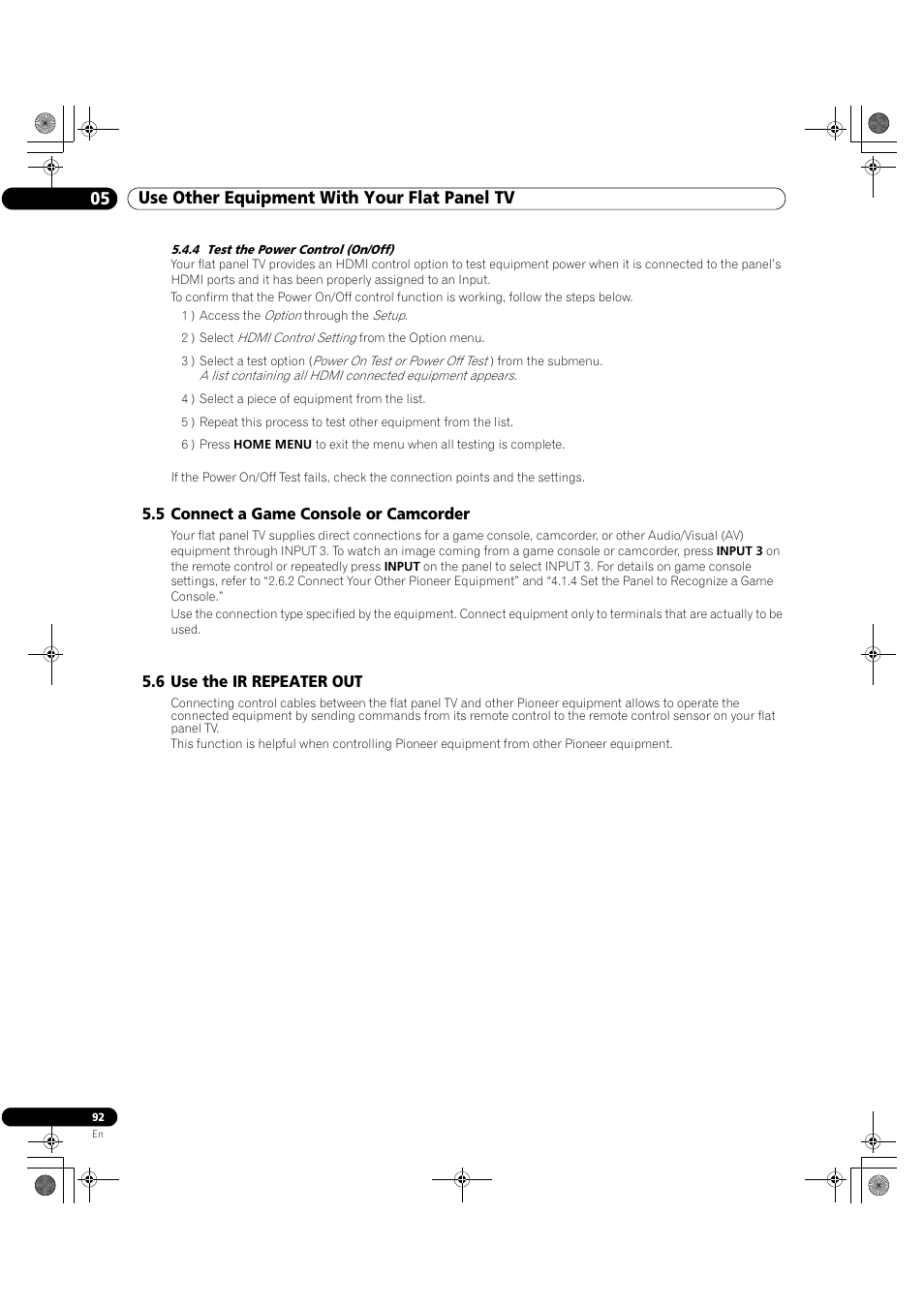 4 test the power control (on/off), 05 use other equipment with your flat panel tv | Pioneer Elite KURO PRO 151FD User Manual | Page 92 / 167