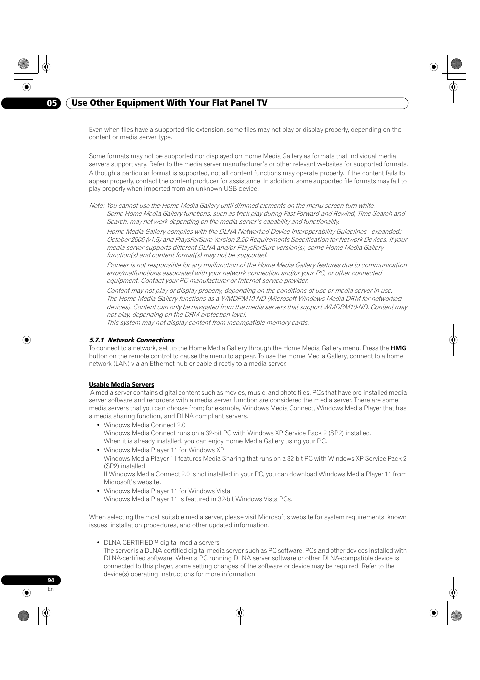 1 network connections, 05 use other equipment with your flat panel tv | Pioneer Elite KURO PRO 151FD User Manual | Page 94 / 167