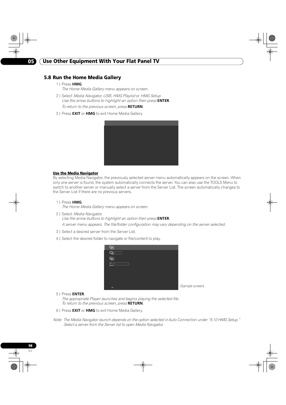 8 run the home media gallery, 05 use other equipment with your flat panel tv | Pioneer Elite KURO PRO 151FD User Manual | Page 98 / 167