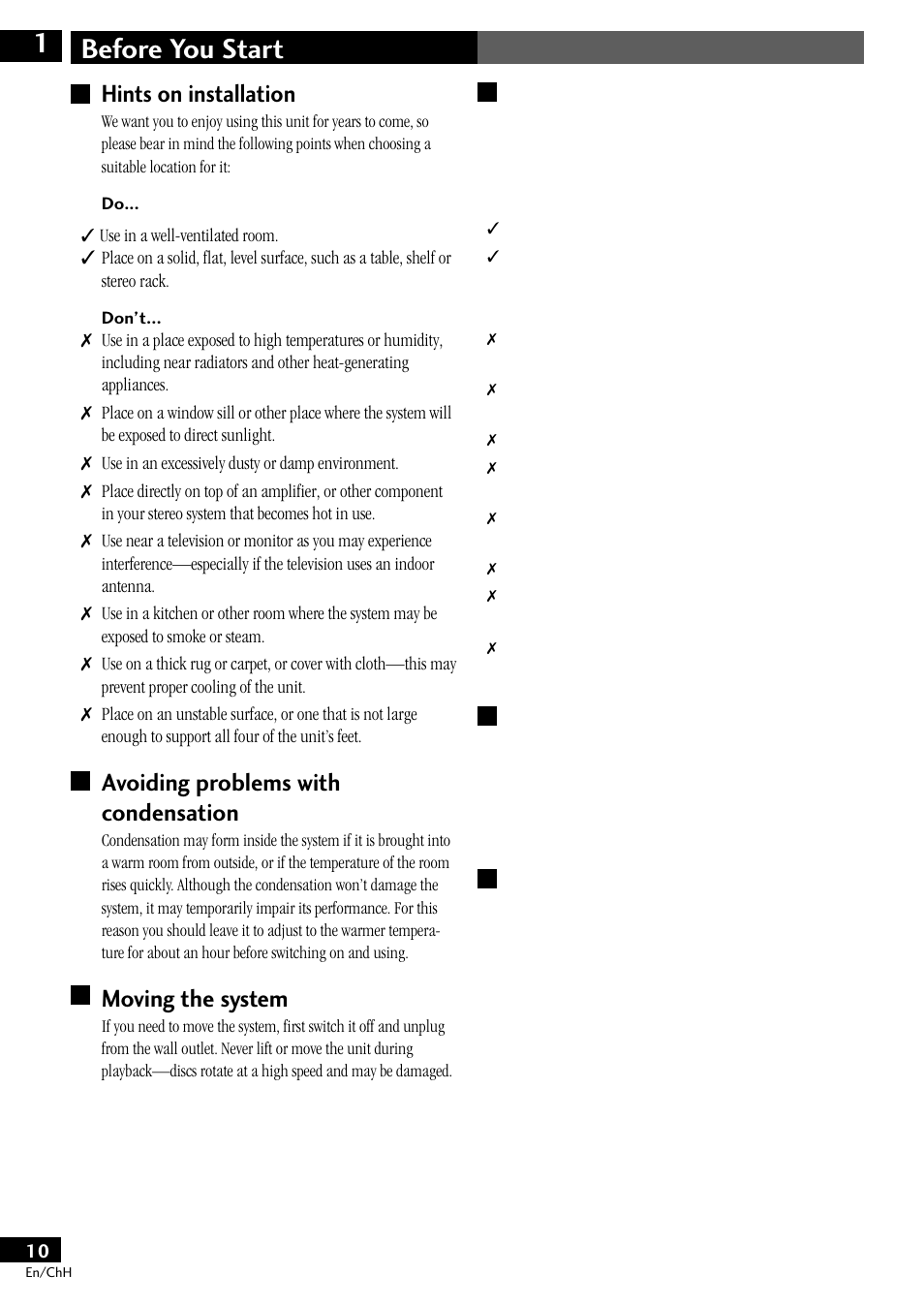 Hints on installation, Before you start 1, Avoiding problems with condensation | Moving the system | Pioneer S-DV77ST User Manual | Page 10 / 100