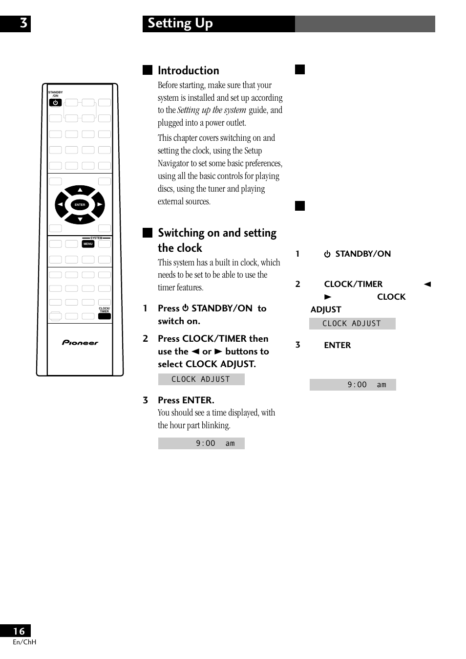 Introduction switching on and setting the clock, Setting up 3, Introduction | Switching on and setting the clock | Pioneer S-DV77ST User Manual | Page 16 / 100