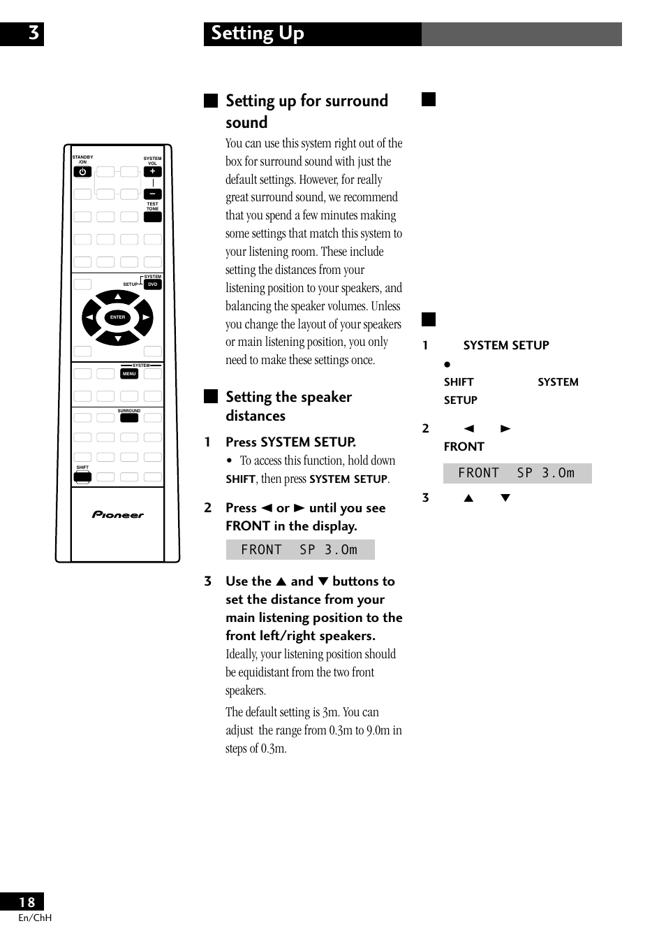 Setting up for surround sound, Setting the speaker distances, Setting up 3 | Then press, Front sp 3.om | Pioneer S-DV77ST User Manual | Page 18 / 100