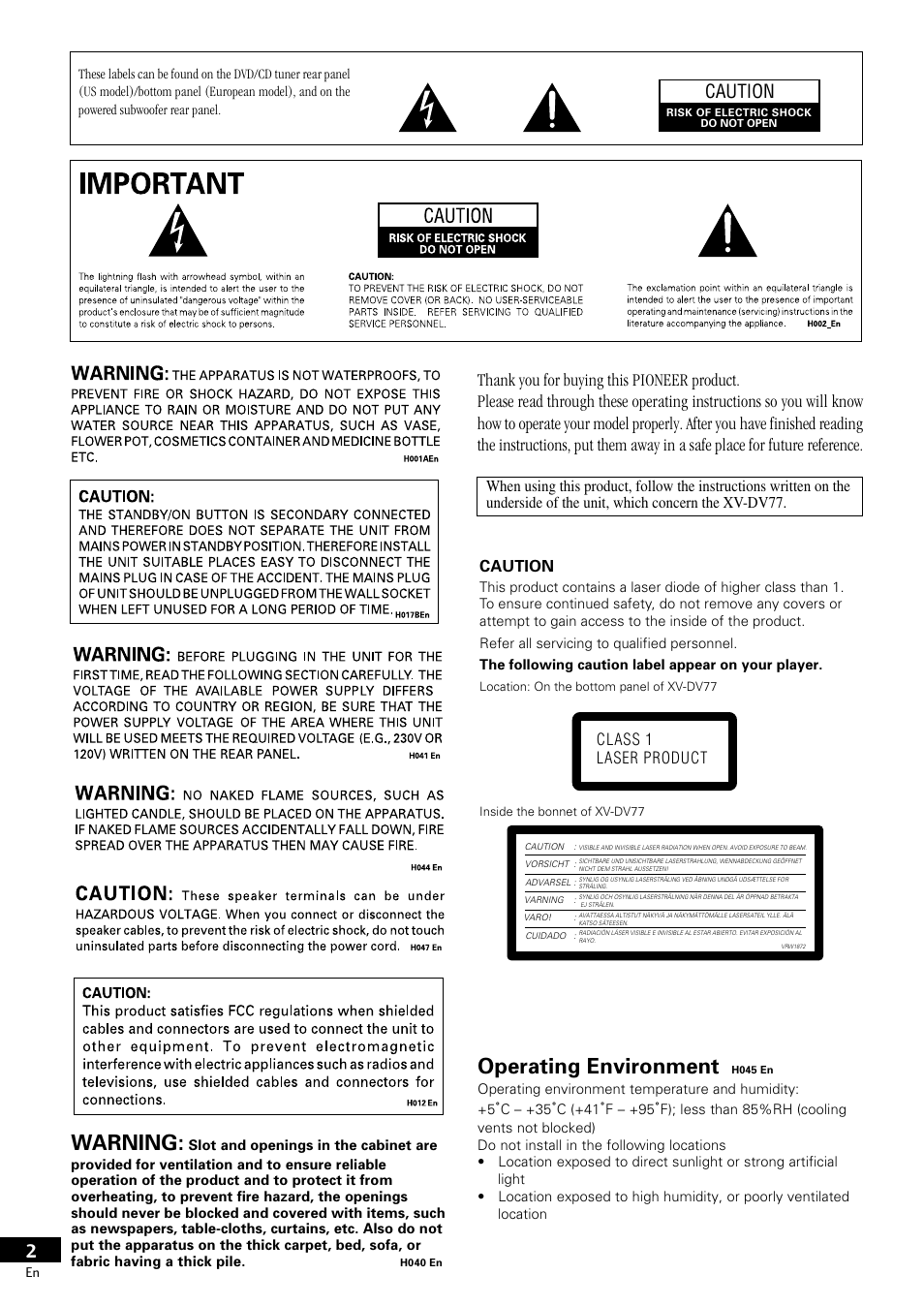 Operating environment, Warning, Caution | Pioneer S-DV77ST User Manual | Page 2 / 100