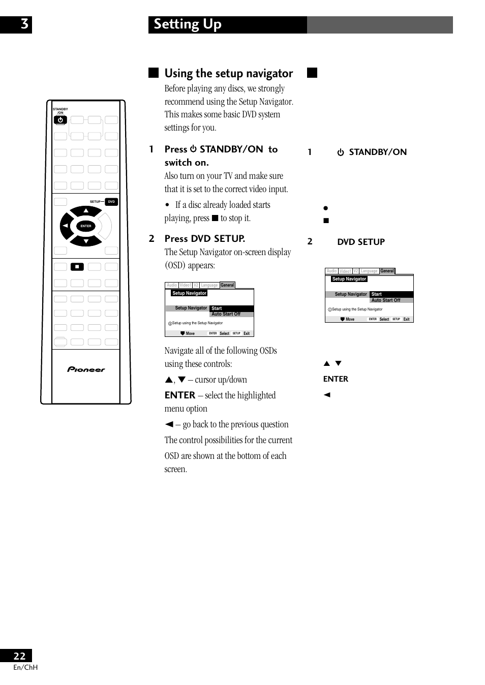 Using the setup navigator, Setting up 3, 1standby/on | 2dvd setup | Pioneer S-DV77ST User Manual | Page 22 / 100