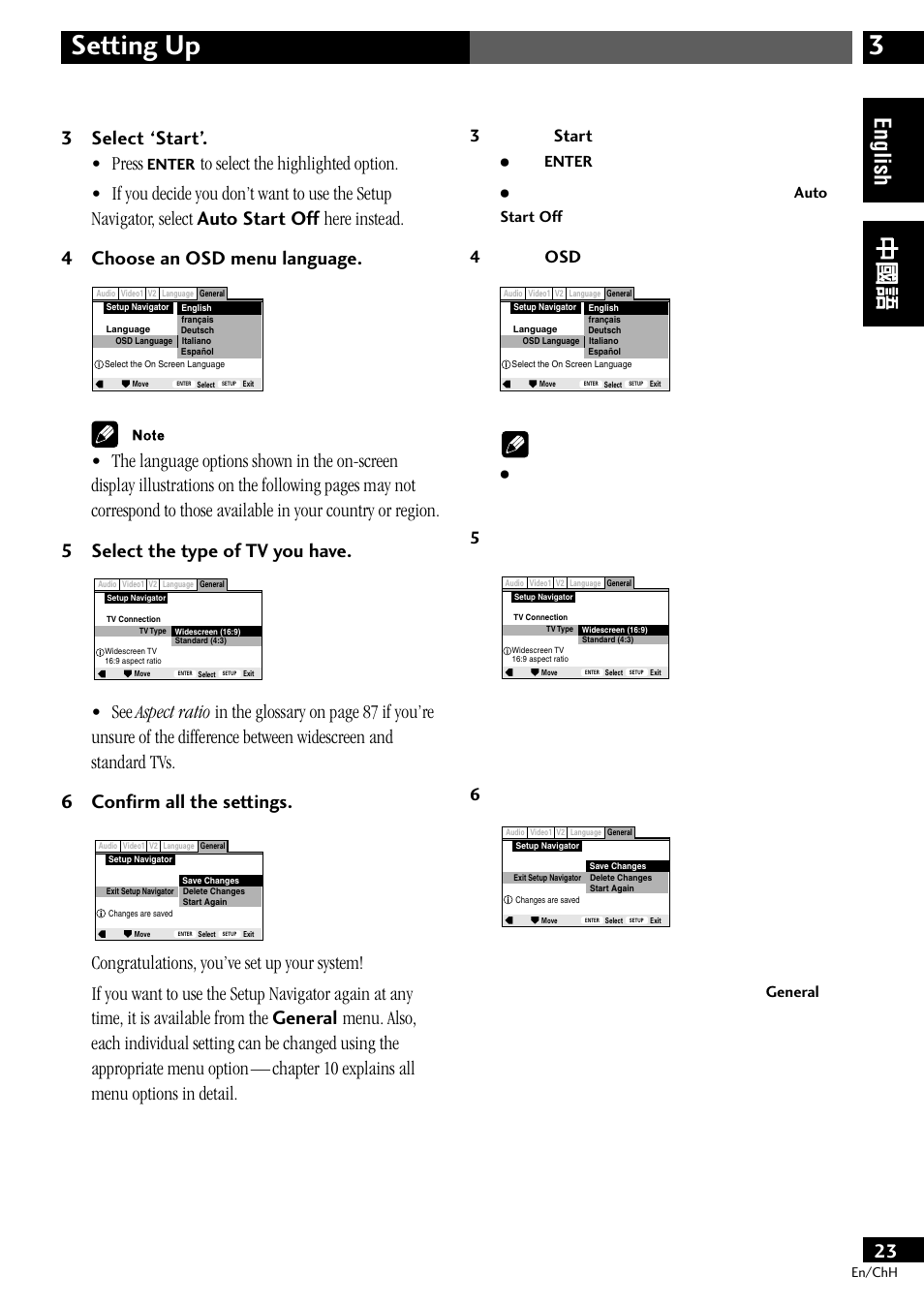 3setting up, English, 3 select ‘start’. • press | 3start, 4osd, Enter, Enter ÷ auto start off, General | Pioneer S-DV77ST User Manual | Page 23 / 100