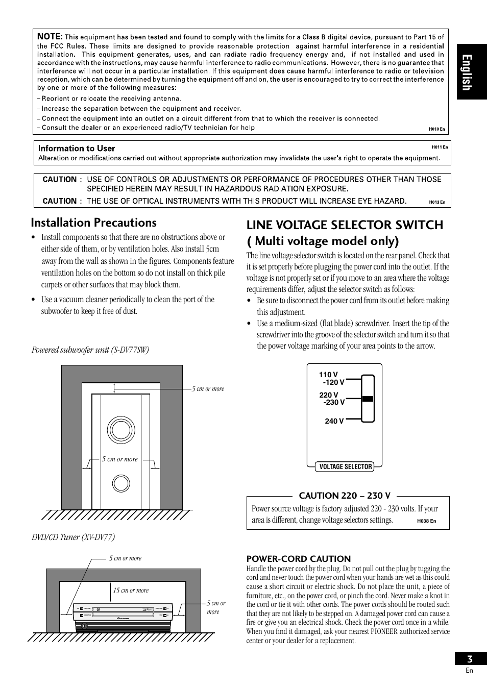 Installation precautions, English, Power-cord caution | Dvd/cd tuner (xv-dv77) | Pioneer S-DV77ST User Manual | Page 3 / 100