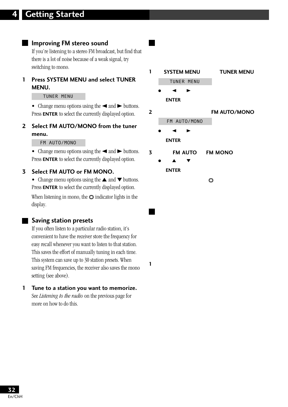 Improving fm stereo sound saving station presets, Getting started 4, Improving fm stereo sound | Saving station presets | Pioneer S-DV77ST User Manual | Page 32 / 100