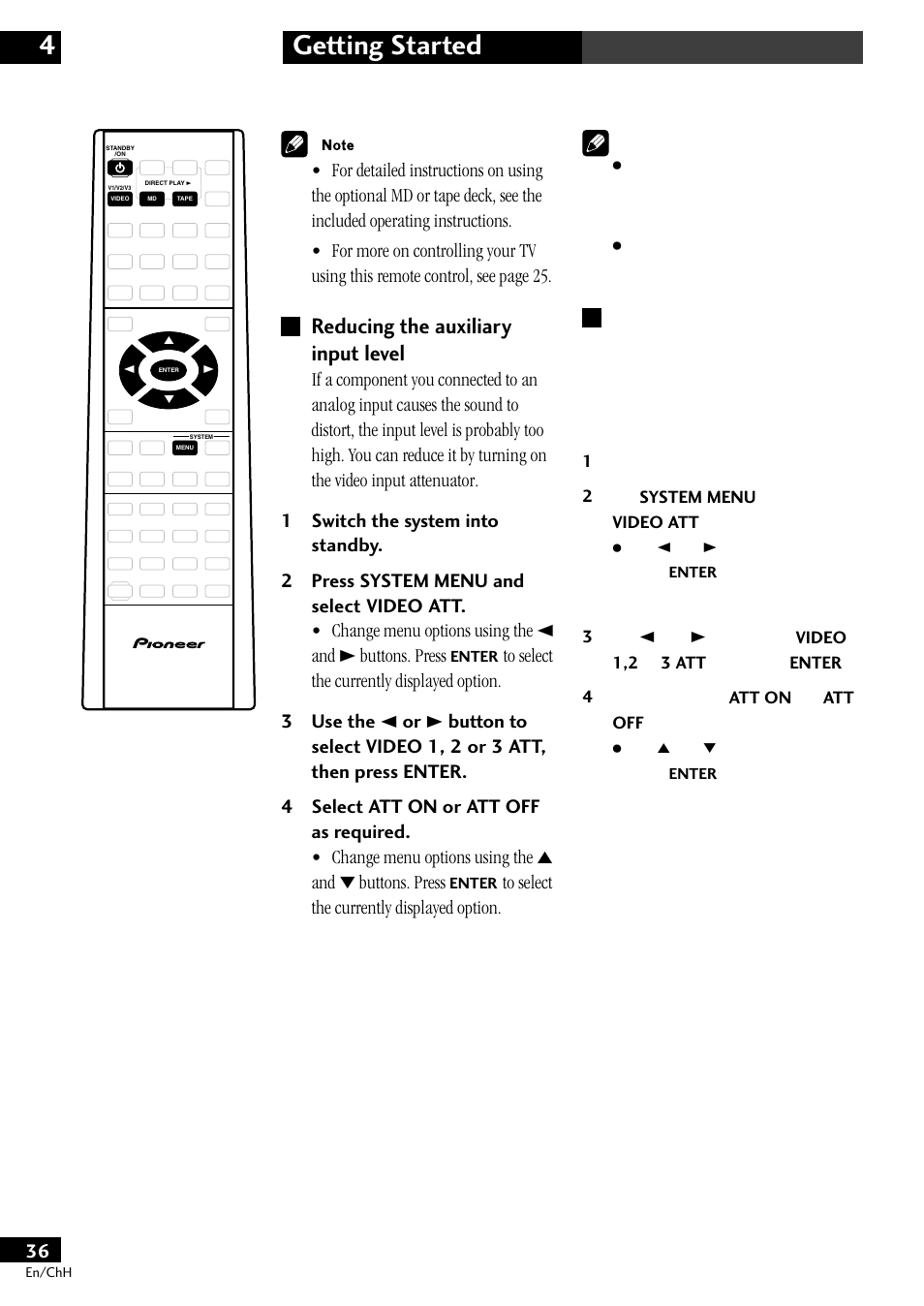 Reducing the auxiliary input level, Getting started 4 | Pioneer S-DV77ST User Manual | Page 36 / 100