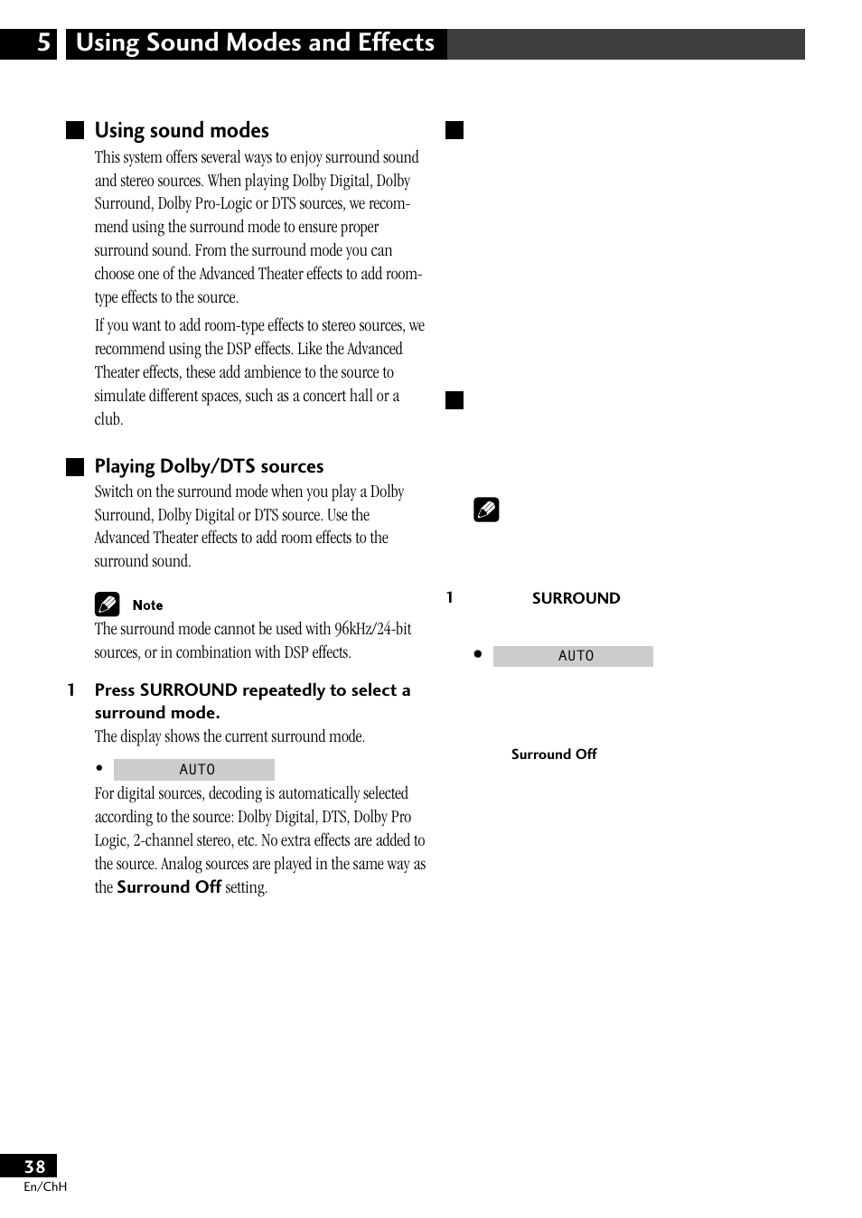 Using sound modes, Playing dolby/dts sources, Using sound modes and effects 5 | Pioneer S-DV77ST User Manual | Page 38 / 100