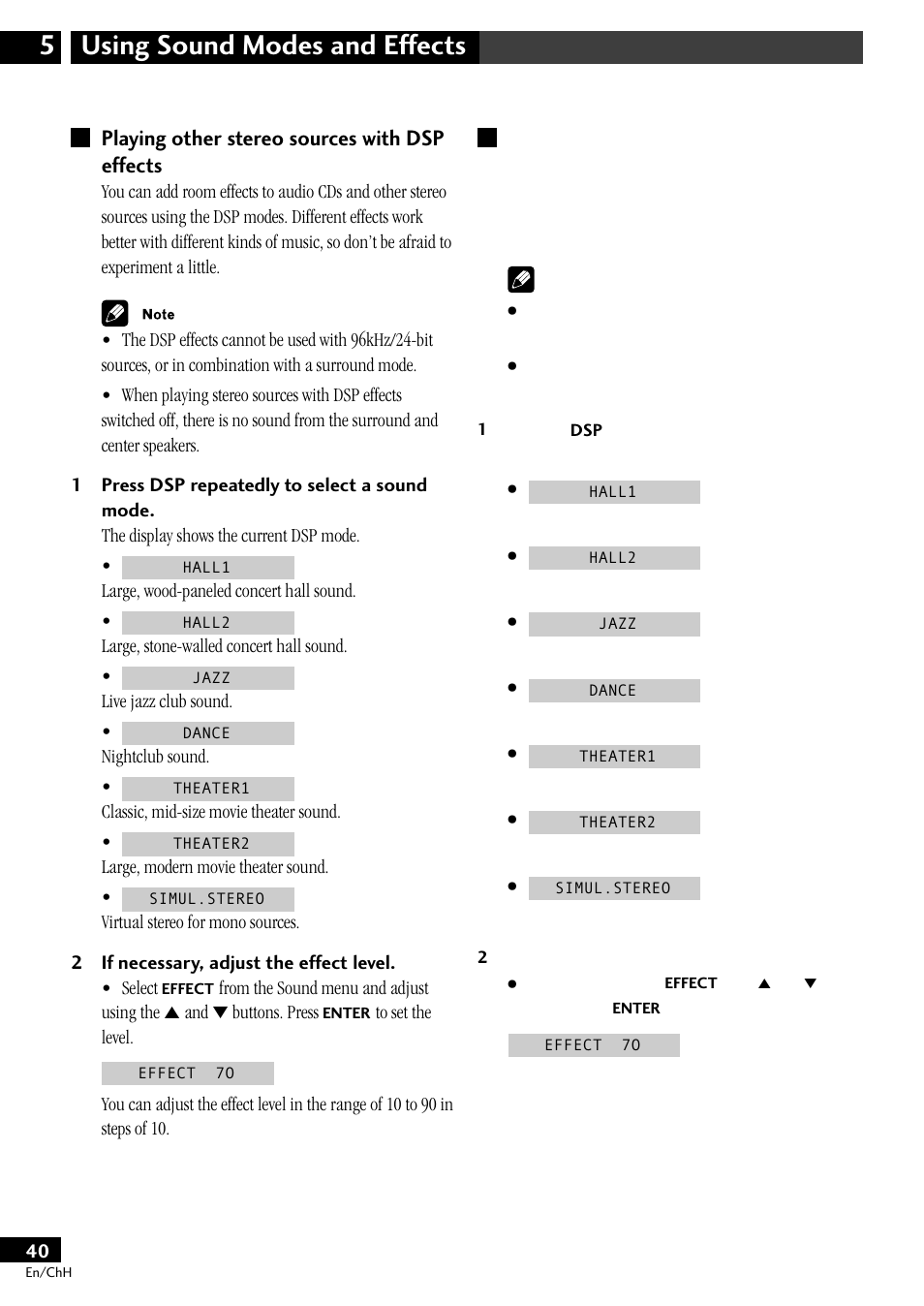 Playing other stereo sources with dsp effects, Using sound modes and effects 5 | Pioneer S-DV77ST User Manual | Page 40 / 100