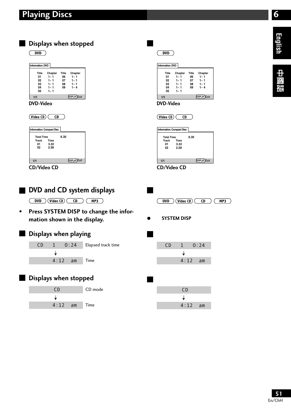 Displays when stopped, Dvd and cd system displays, Displays when playing displays when stopped | 6playing discs, Displays when playing, English, Dvd-video cd/video cd | Pioneer S-DV77ST User Manual | Page 51 / 100