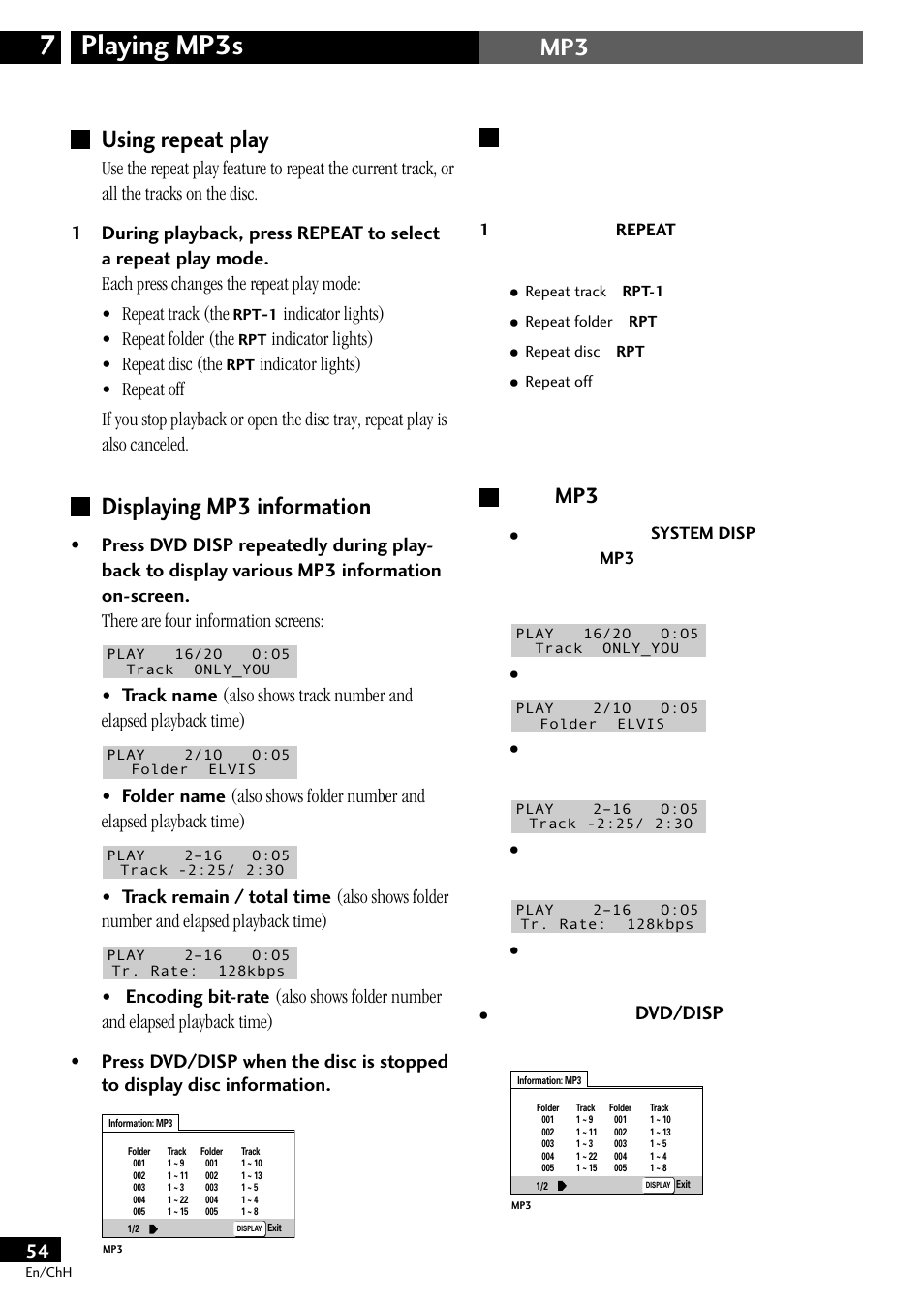 Using repeat play displaying mp3 information, Playing mp3s 7, Mp3 using repeat play | Displaying mp3 information, Indicator lights) • repeat folder (the, Indicator lights) • repeat disc (the, Dvd/disp | Pioneer S-DV77ST User Manual | Page 54 / 100