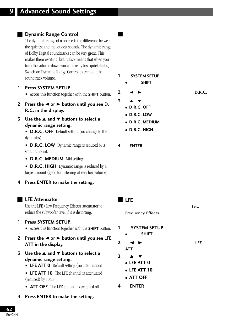 Dynamic range control lfe attenuator, Advanced sound settings 9, Dynamic range control | Lfe attenuator | Pioneer S-DV77ST User Manual | Page 62 / 100