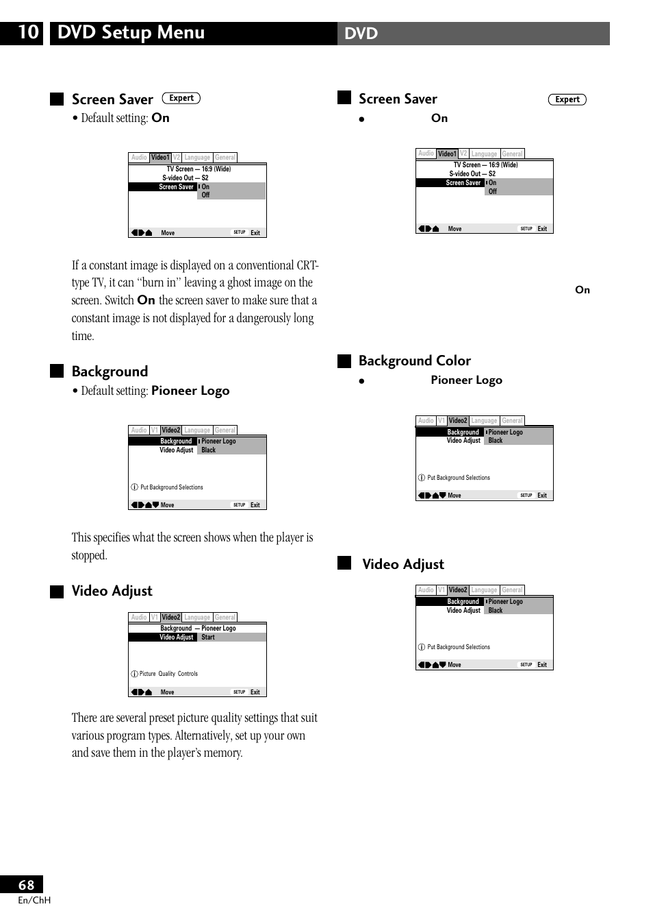 Screen saver background video adjust, Dvd setup menu 10, Screen saver | Background, Video adjust, Background color, Default setting: on, Default setting: pioneer logo, Pioneer logo | Pioneer S-DV77ST User Manual | Page 68 / 100