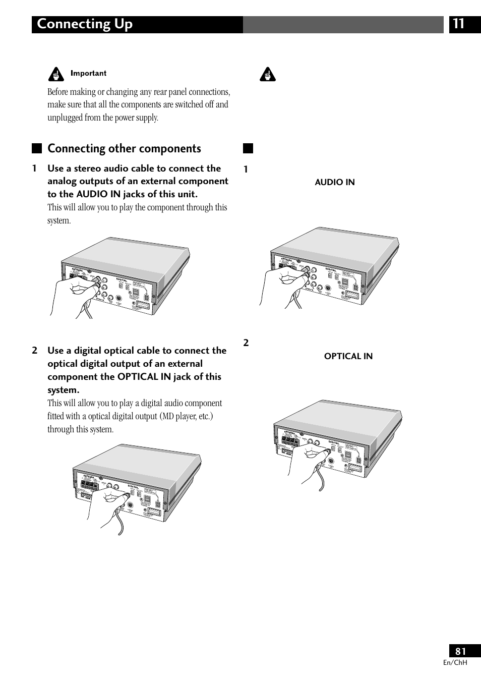 Connecting other components, 11 connecting up, Audio in | Optical in, En/chh | Pioneer S-DV77ST User Manual | Page 81 / 100