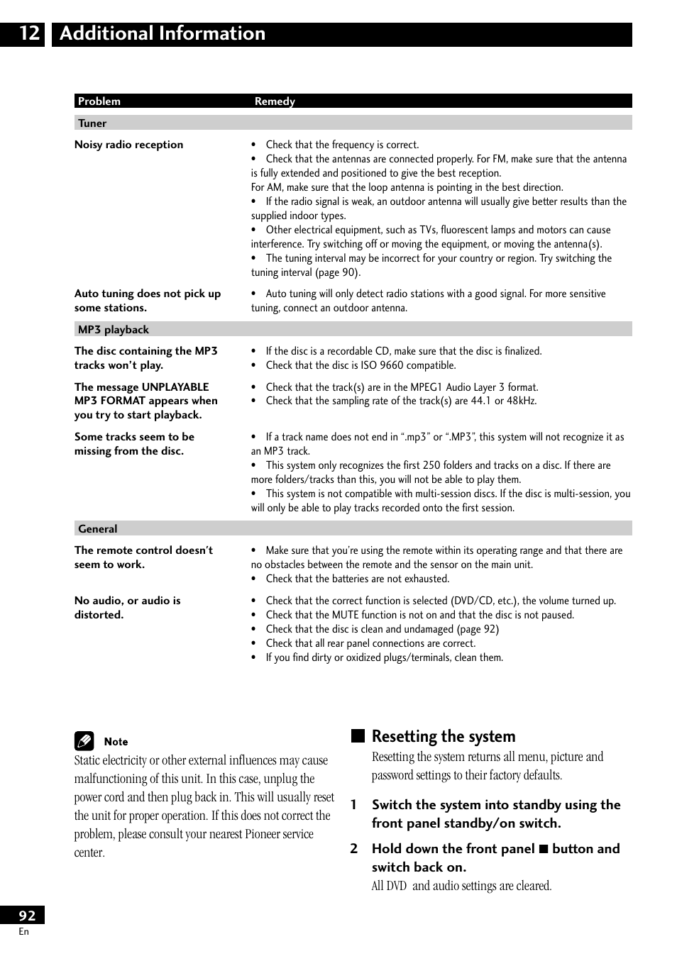 Resetting the system, Additional information 12 | Pioneer S-DV77ST User Manual | Page 92 / 100