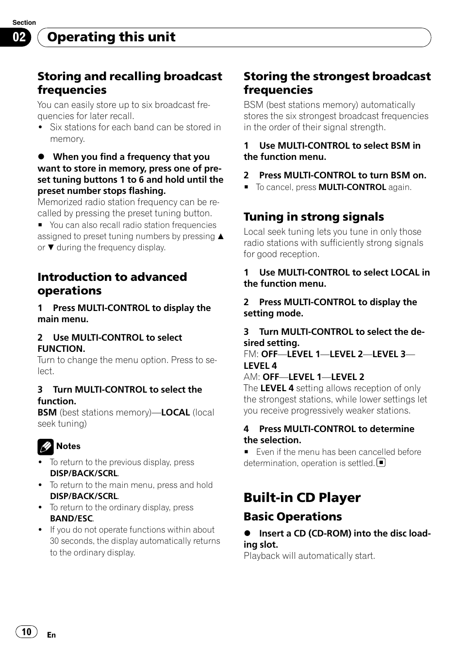 Storing and recalling broadcast, Frequencies, Introduction to advanced | Operations, Storing the strongest broadcast, Tuning in strong signals 10, Built-in cd player, Basic operations 10, Operating this unit, Storing and recalling broadcast frequencies | Pioneer DEH-2100IB User Manual | Page 10 / 84