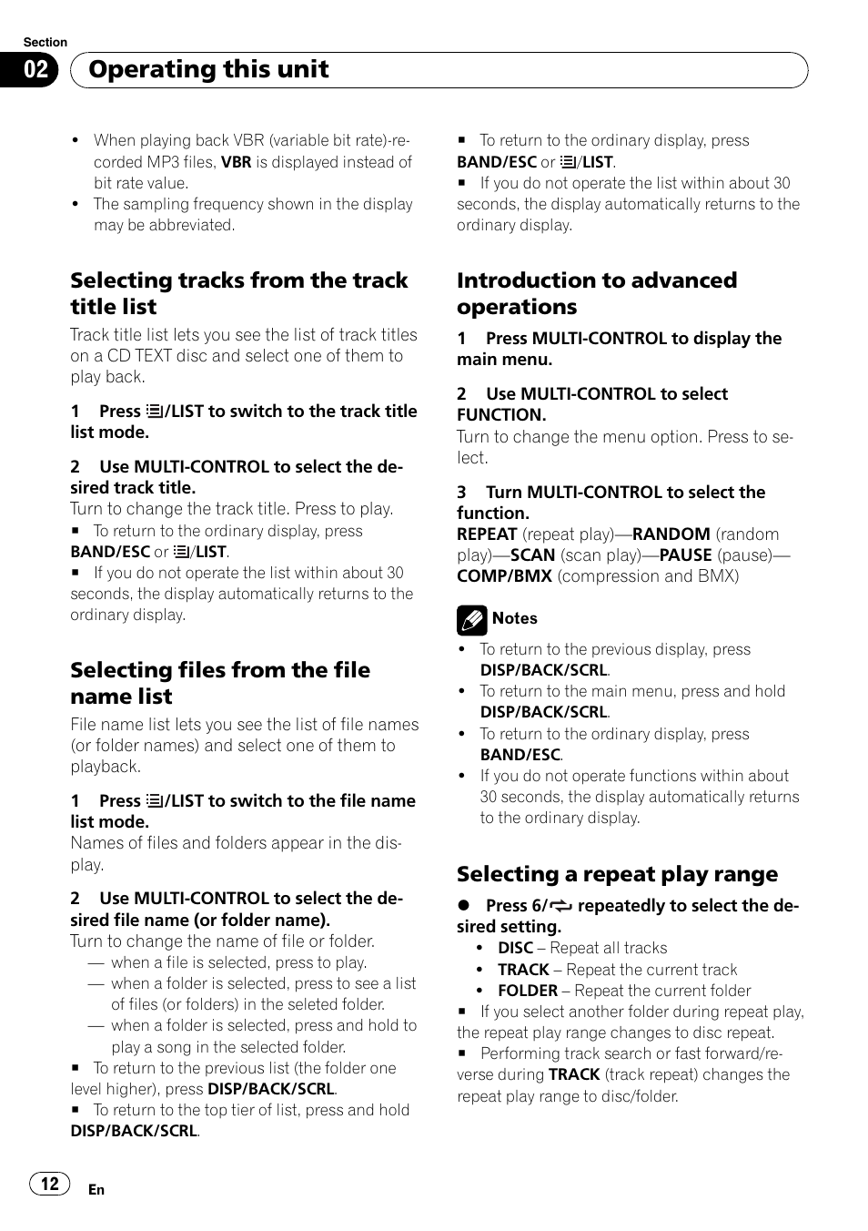 Selecting tracks from the track title, List, Selecting files from the file name | Introduction to advanced, Operations, Selecting a repeat play range 12, Operating this unit, Selecting tracks from the track title list, Selecting files from the file name list, Introduction to advanced operations | Pioneer DEH-2100IB User Manual | Page 12 / 84