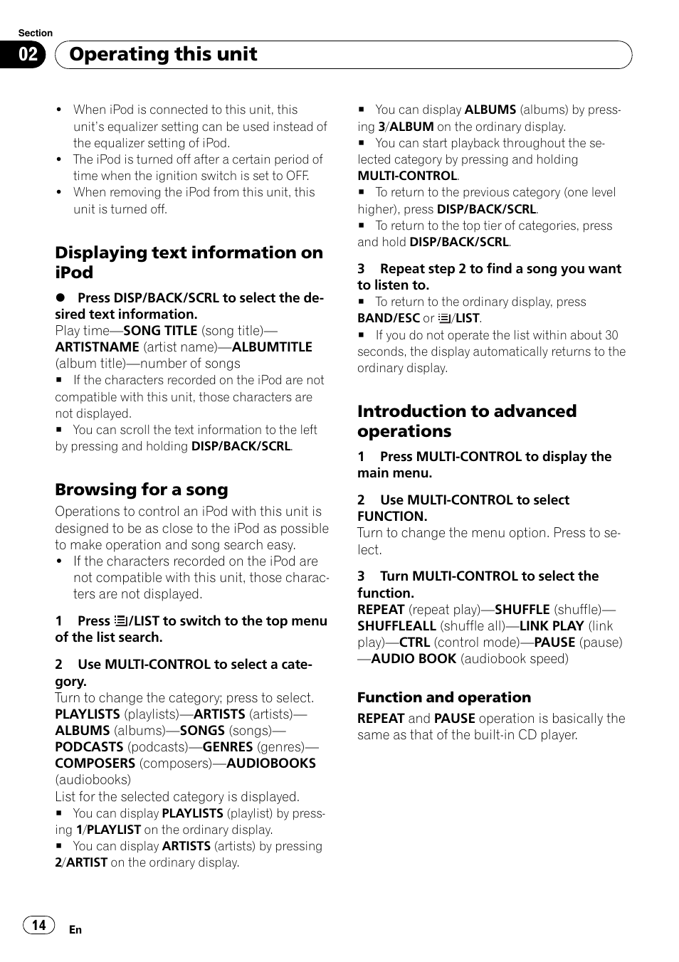 Displaying text information on, Ipod, Browsing for a song 14 | Introduction to advanced, Operations, Operating this unit, Displaying text information on ipod, Browsing for a song, Introduction to advanced operations | Pioneer DEH-2100IB User Manual | Page 14 / 84