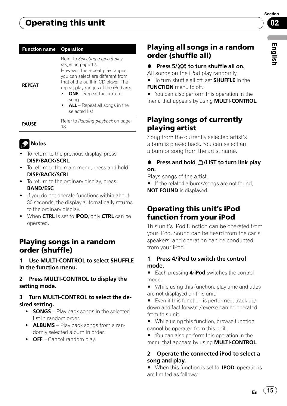 Playing songs in a random order, Shuffle), Playing all songs in a random order | Shuffle all), Playing songs of currently playing, Artist, Operating this unit’s ipod function, From your ipod, Operating this unit, Playing songs in a random order (shuffle) | Pioneer DEH-2100IB User Manual | Page 15 / 84