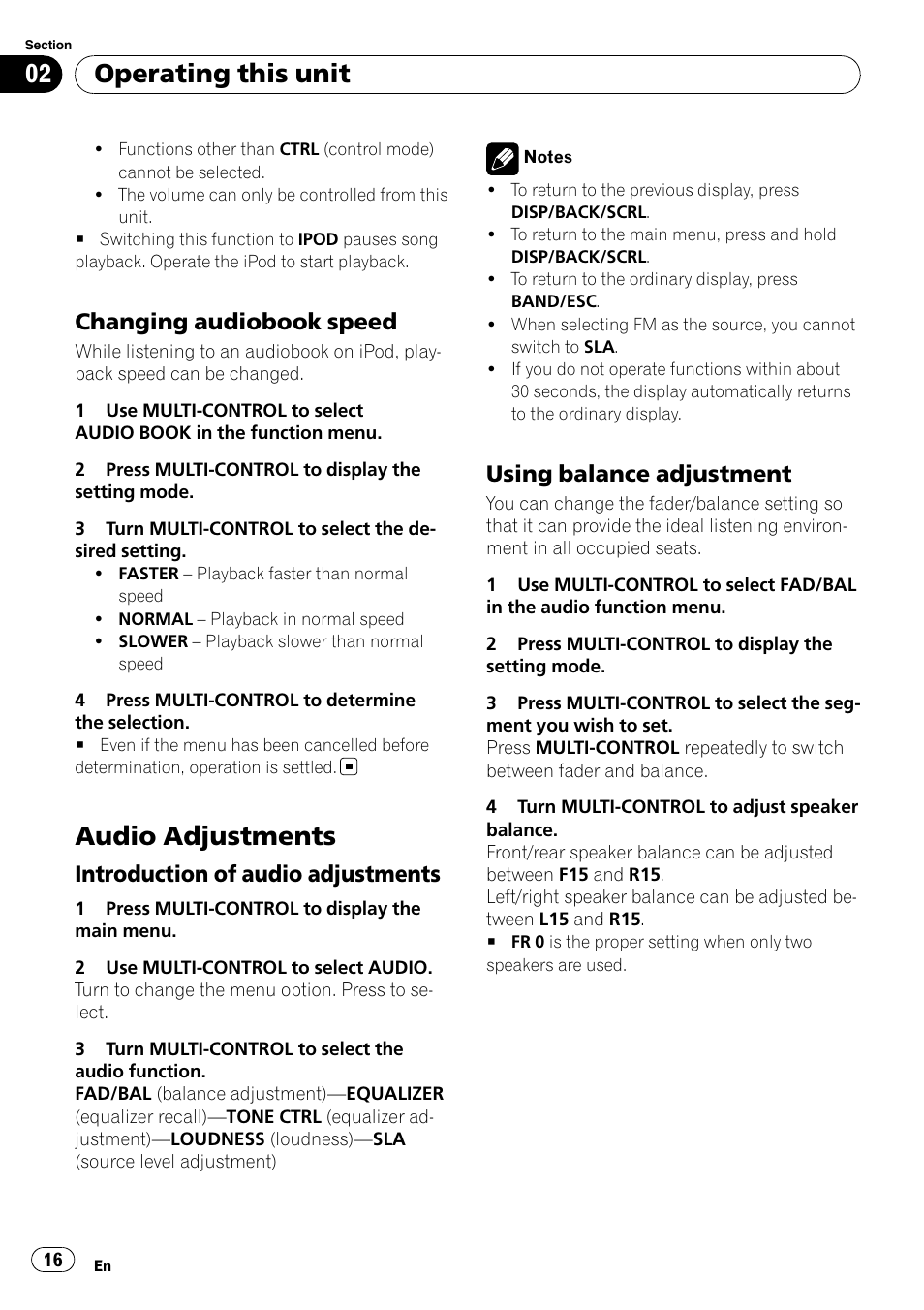 Changing audiobook speed 16, Audio adjustments, Introduction of audio adjustments 16 | Using balance adjustment 16, Operating this unit, Changing audiobook speed, Introduction of audio adjustments, Using balance adjustment | Pioneer DEH-2100IB User Manual | Page 16 / 84