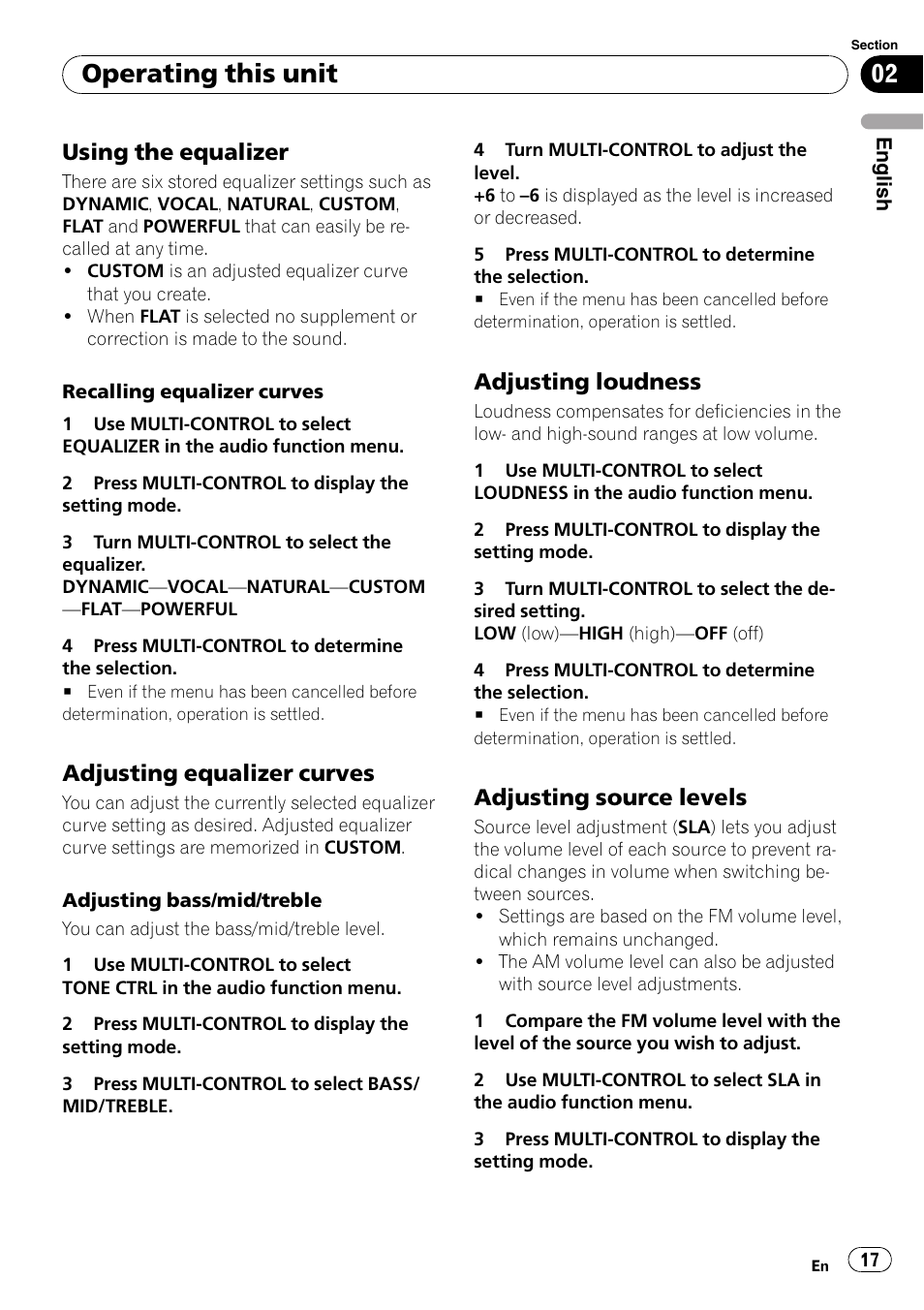 Using the equalizer 17, Adjusting equalizer curves 17, Adjusting loudness 17 | Adjusting source levels 17, Operating this unit, Using the equalizer, Adjusting equalizer curves, Adjusting loudness, Adjusting source levels | Pioneer DEH-2100IB User Manual | Page 17 / 84