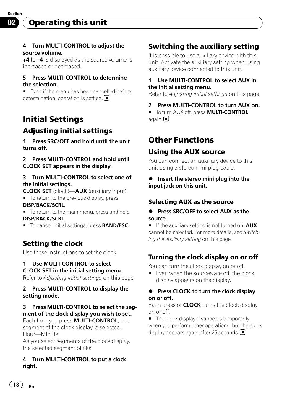 Initial settings, Adjusting initial settings 18, Setting the clock 18 | Switching the auxiliary setting 18, Other functions, Using the aux source 18, Turning the clock display on or off 18, Operating this unit | Pioneer DEH-2100IB User Manual | Page 18 / 84