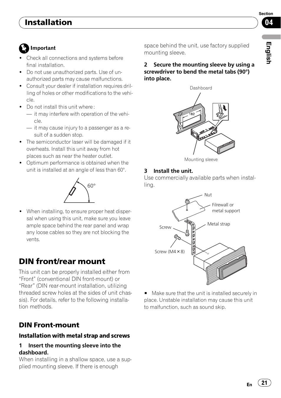 Installation din front/rear mount, Din front-mount 21, Din front/rear mount | Installation, Din front-mount | Pioneer DEH-2100IB User Manual | Page 21 / 84