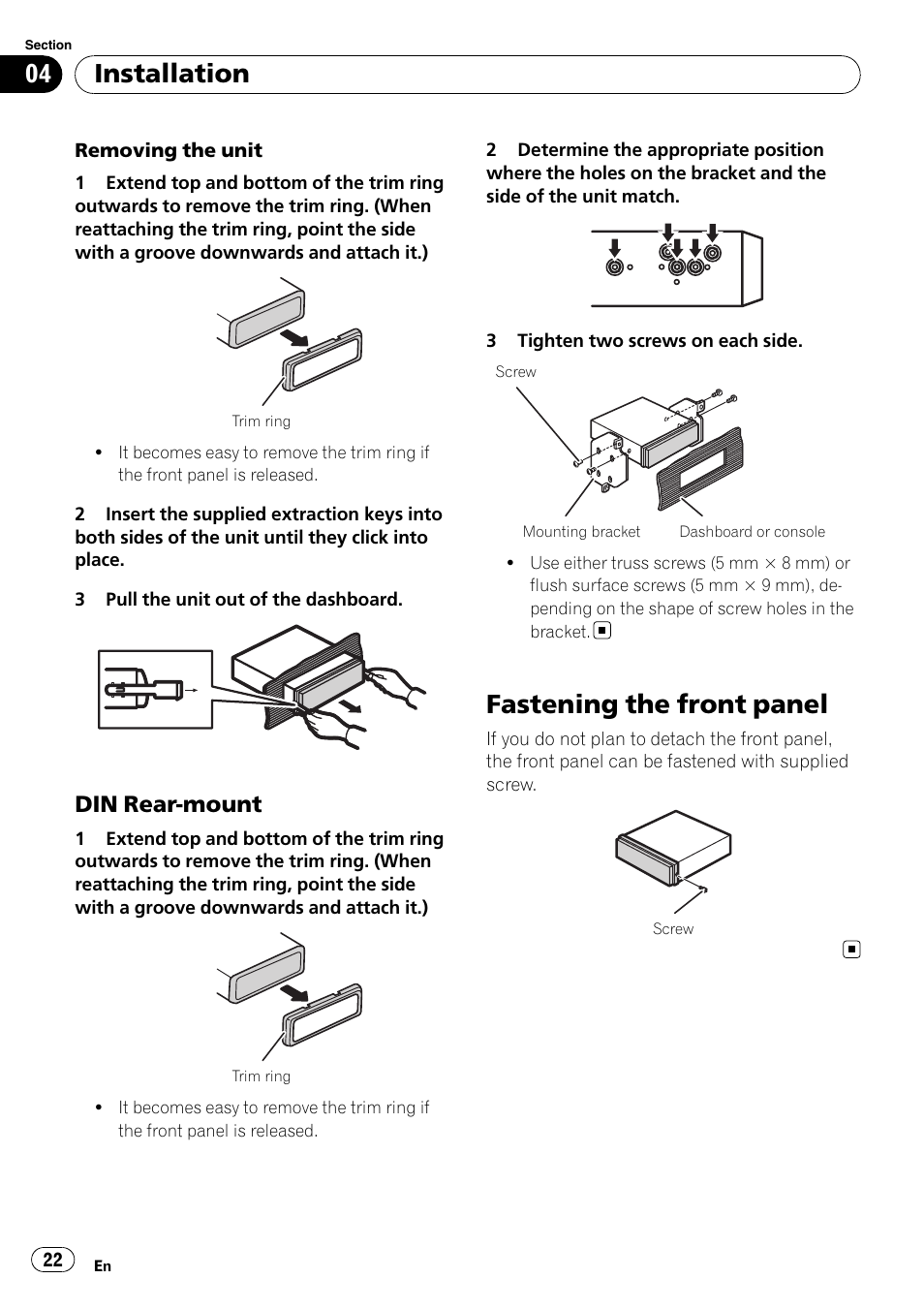 Din rear-mount 22, Fastening the front panel, Installation | Din rear-mount | Pioneer DEH-2100IB User Manual | Page 22 / 84