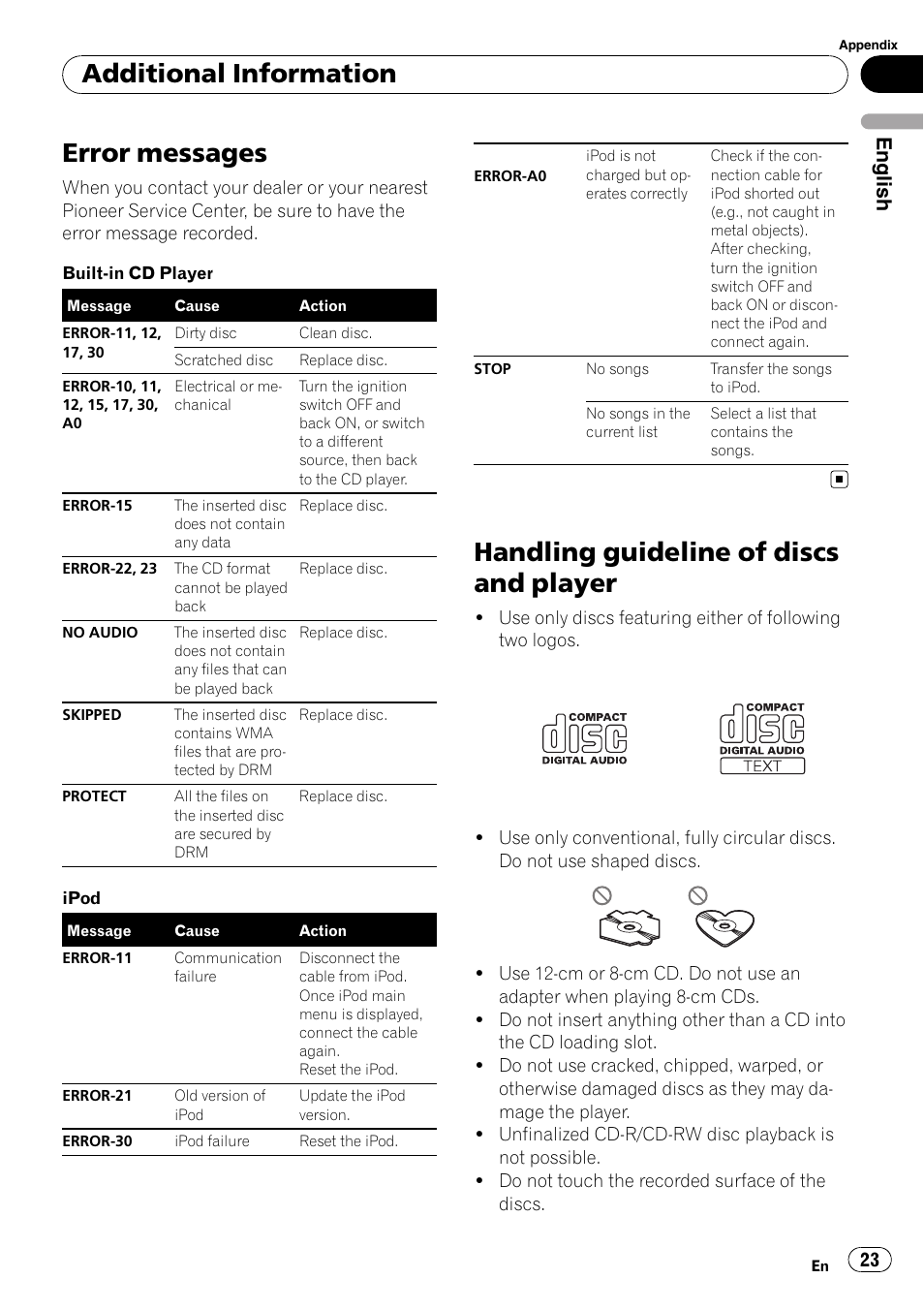 Additional information error messages, Handling guideline of discs and player, Error | Error messages, Additional information, English | Pioneer DEH-2100IB User Manual | Page 23 / 84