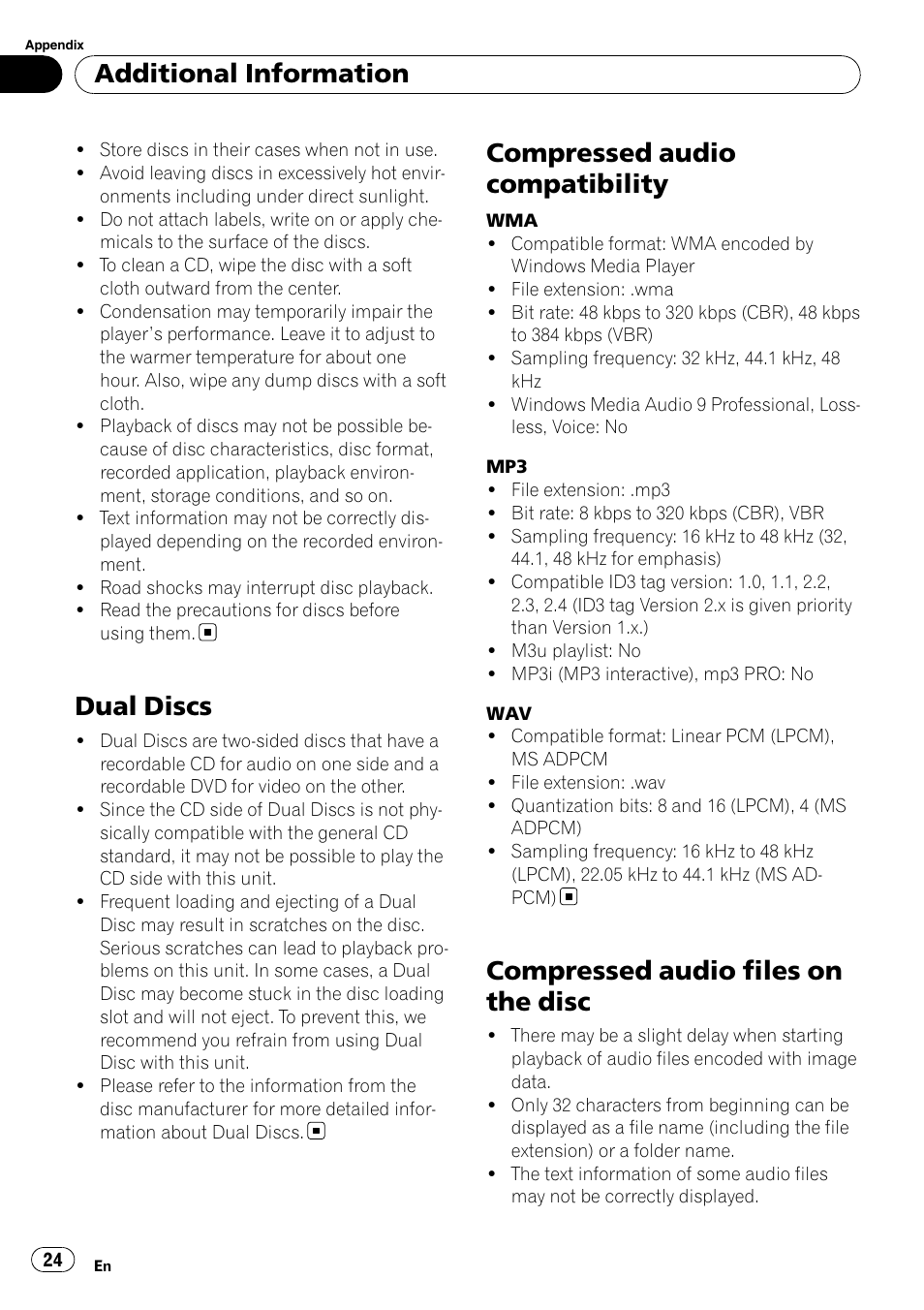 Dual discs, Compressed audio compatibility, Compressed audio files on the disc | Additional information | Pioneer DEH-2100IB User Manual | Page 24 / 84