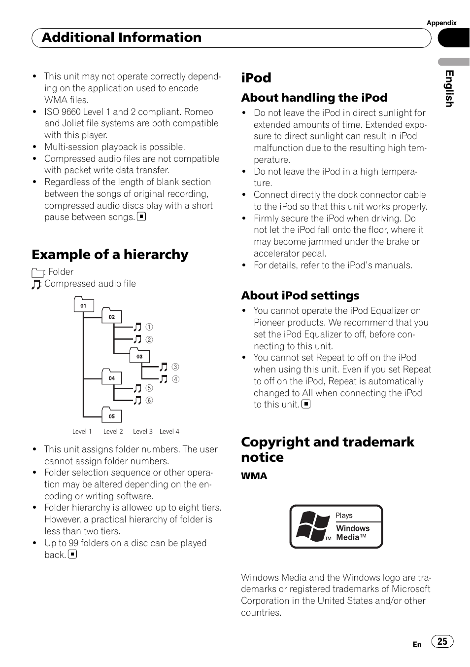 Example of a hierarchy, Ipod, About handling the ipod 25 | About ipod settings 25, Copyright and trademark notice, Additional information, About handling the ipod, About ipod settings | Pioneer DEH-2100IB User Manual | Page 25 / 84