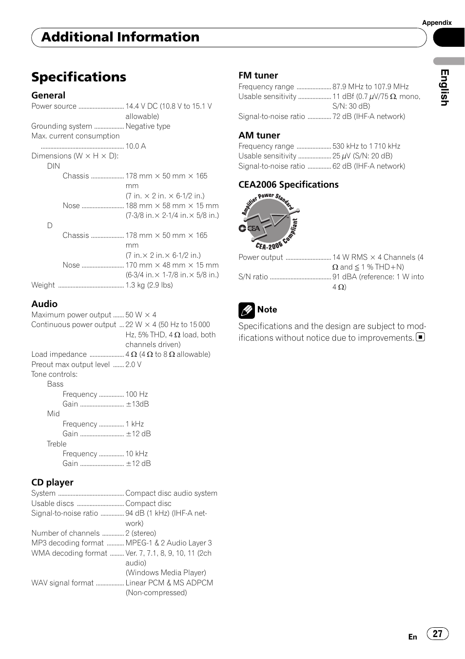 Specifications, Additional information, English | Pioneer DEH-2100IB User Manual | Page 27 / 84