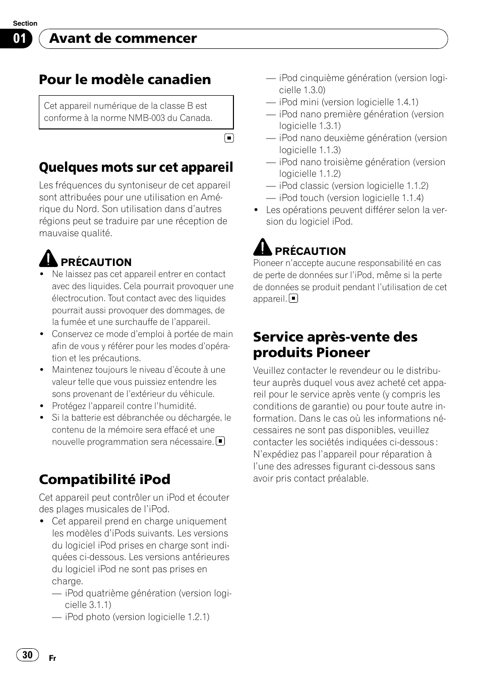 Avant de commencer, Pour le modèle canadien, Quelques mots sur cet appareil | Compatibilité ipod, Service après-vente des produits pioneer | Pioneer DEH-2100IB User Manual | Page 30 / 84