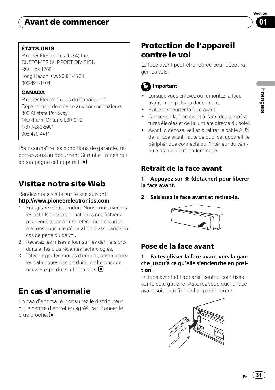 Visitez notre site web, En cas d, Anomalie 31 | Protection de l, Appareil contre le vol 31, Retrait de la face avant 31, Pose de la face avant 31, En cas d ’anomalie, Protection de l ’appareil contre le vol, Avant de commencer | Pioneer DEH-2100IB User Manual | Page 31 / 84
