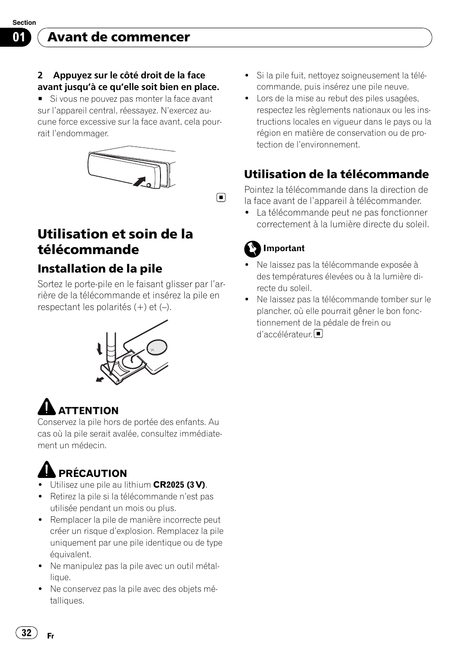 Utilisation et soin de la télécommande, Installation de la pile 32, Utilisation de la télécommande 32 | Avant de commencer, Installation de la pile, Utilisation de la télécommande | Pioneer DEH-2100IB User Manual | Page 32 / 84