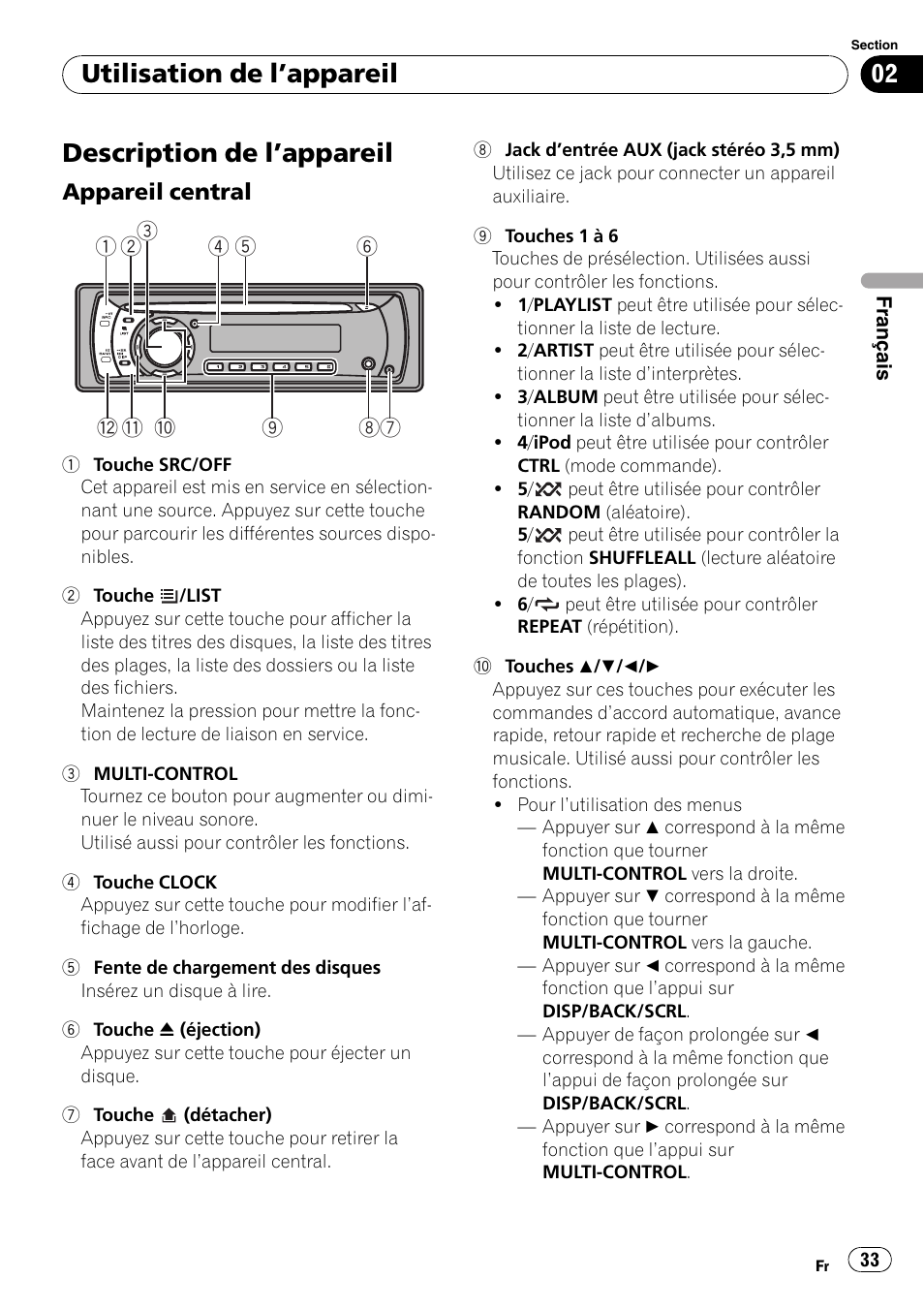 Utilisation de l, Appareil, Description de l | Appareil 33, Appareil central 33, Description de l ’appareil, Utilisation de l ’appareil | Pioneer DEH-2100IB User Manual | Page 33 / 84