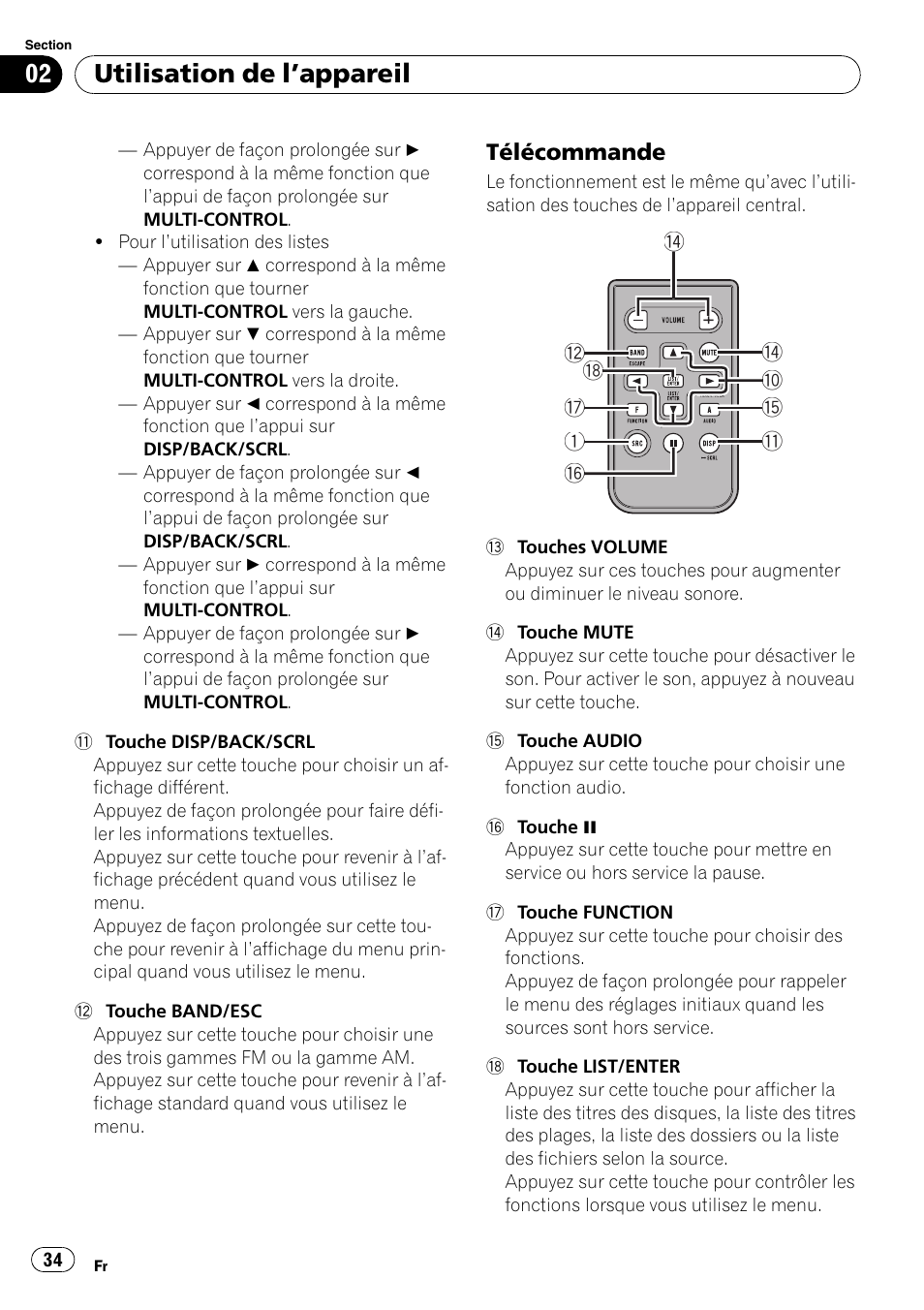 Télécommande 34, Utilisation de l ’appareil | Pioneer DEH-2100IB User Manual | Page 34 / 84