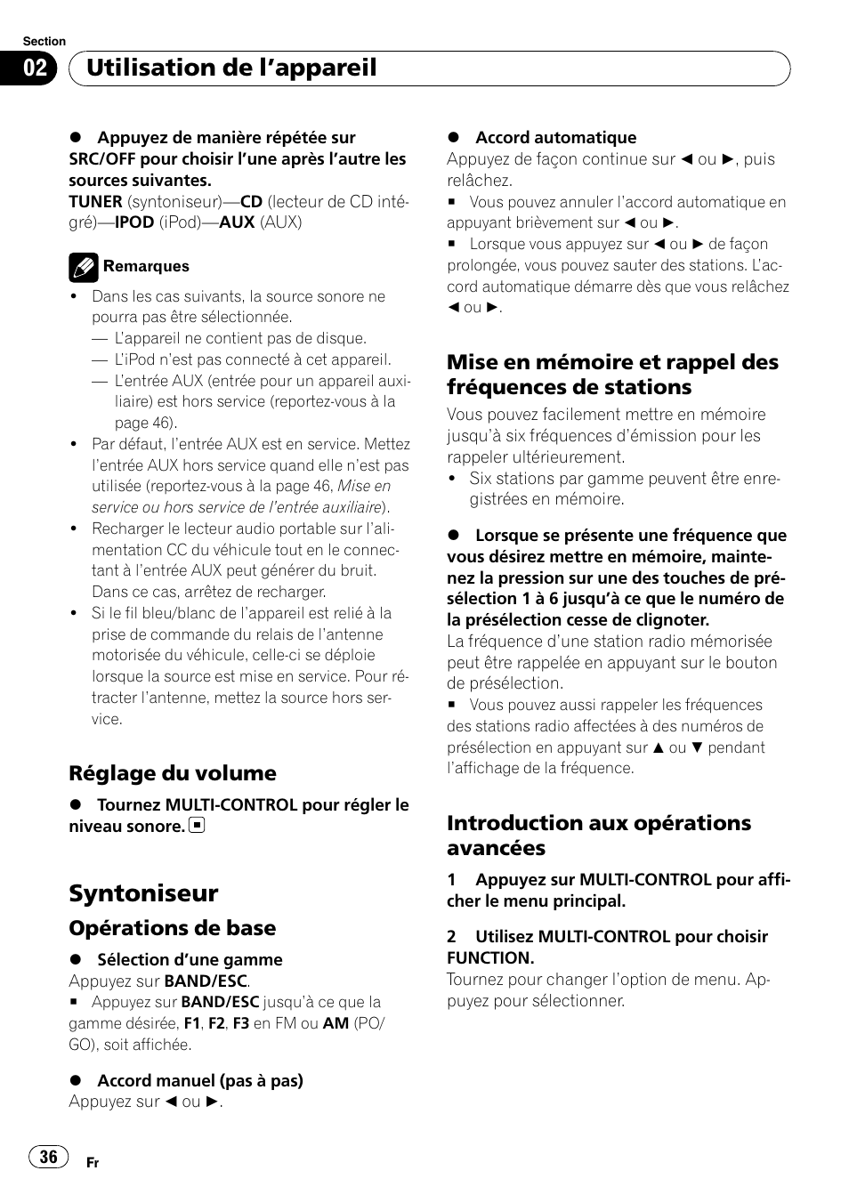 Réglage du volume 36, Syntoniseur, Opérations de base 36 | Mise en mémoire et rappel des, Fréquences de stations, Introduction aux opérations, Avancées, Utilisation de l ’appareil, Réglage du volume, Opérations de base | Pioneer DEH-2100IB User Manual | Page 36 / 84