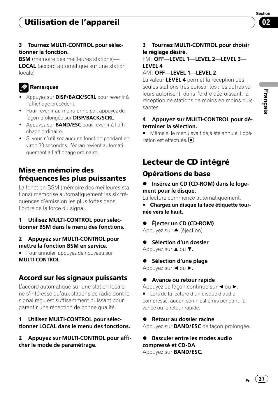 Mise en mémoire des fréquences les, Plus puissantes, Accord sur les signaux puissants 37 | Lecteur de cd intégré, Opérations de base 37, Utilisation de l ’appareil, Mise en mémoire des fréquences les plus puissantes, Accord sur les signaux puissants, Opérations de base | Pioneer DEH-2100IB User Manual | Page 37 / 84