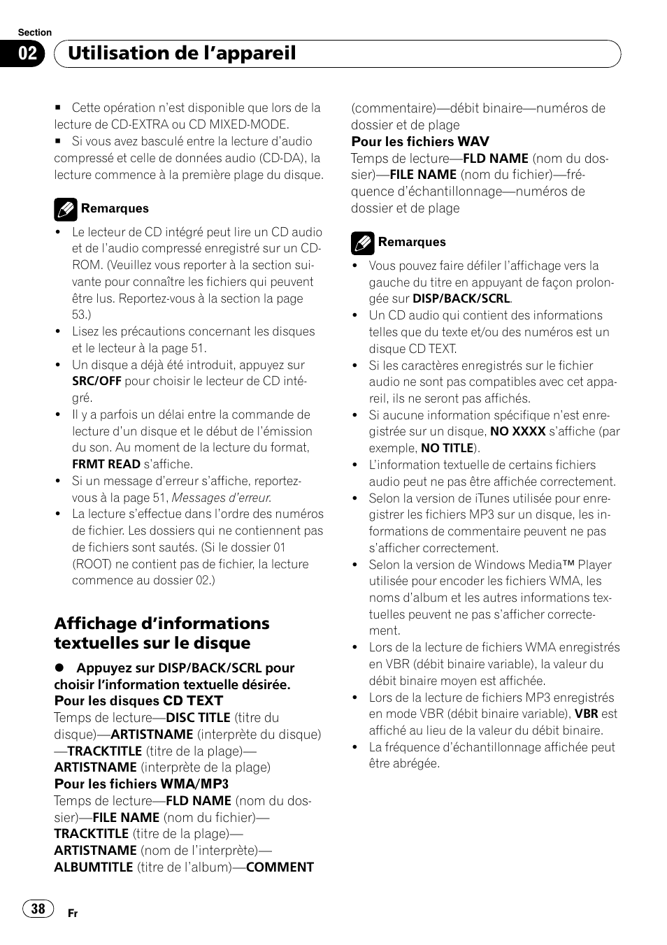 Affichage d’informations textuelles sur, Le disque, Utilisation de l ’appareil | Affichage d ’informations textuelles sur le disque | Pioneer DEH-2100IB User Manual | Page 38 / 84